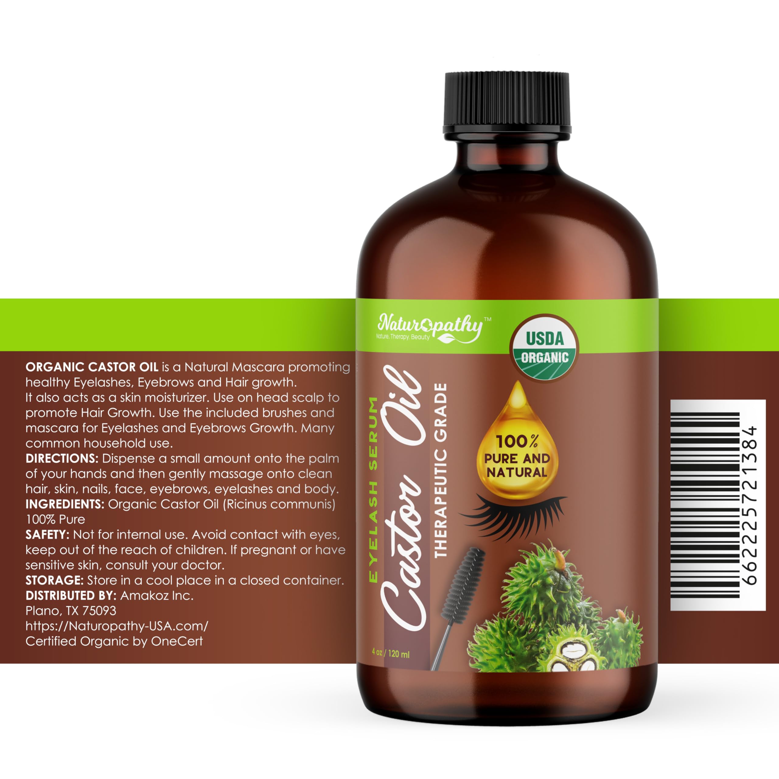 Organic Castor Oil 4oz - USDA Certified, 100% Pure Cold Pressed, Hexane Free - Eyelash & Eyebrow Growth Serum, Hair Treatment - Includes FREE Mascara Starter Kit - Perfect for Natural Beauty & DIY Hair Care