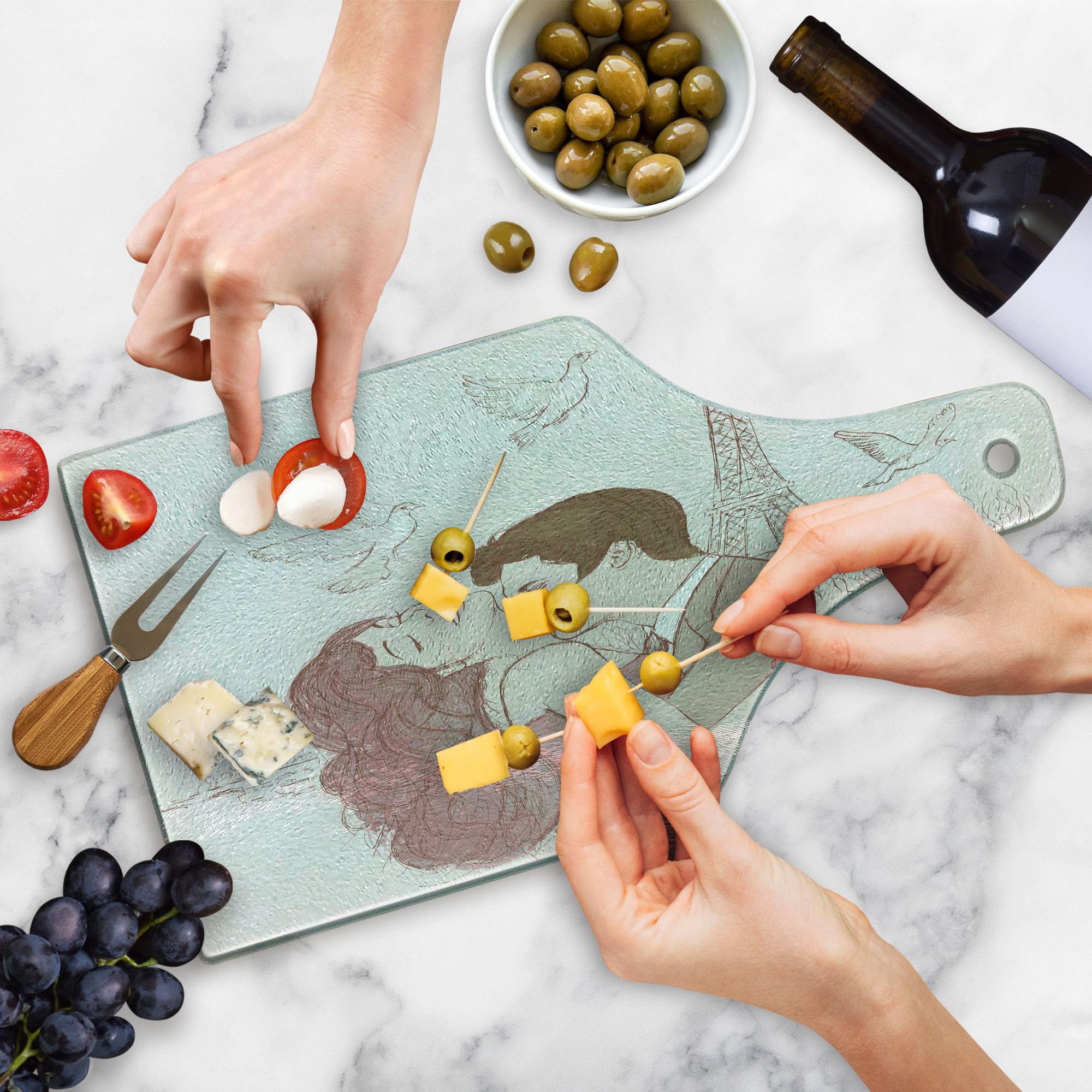 Ambesonne Romantic Wine Bottle Shaped Glass Cutting Board - Paris Love Scene with Eiffel Tower & Flying Doves - Tempered Glass Serving Board for Kitchen & Dining - Perfect for Valentine's Gifts, Anniversary Presents & Romantic Dinners