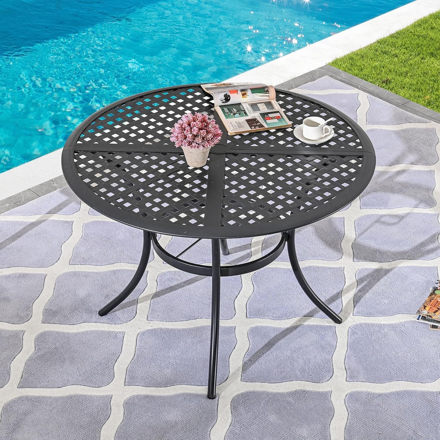LOKATSE HOME 42.1 Inch Round Outdoor Patio Dining Table with Umbrella Hole - Weather-Resistant Steel Frame Metal Table for Garden, Backyard, Lawn, Balcony, Deck - Perfect for Outdoor Entertaining & Family Gatherings (Black)