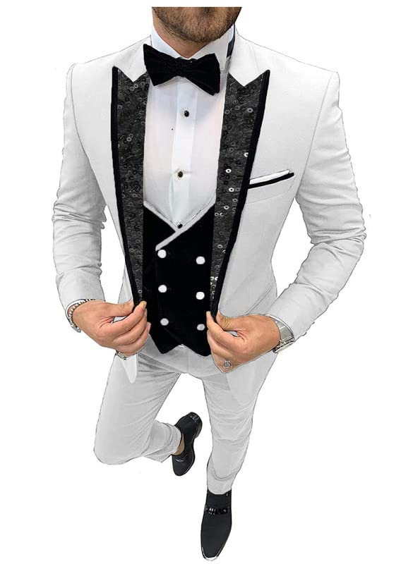DGMJ 2022 Men's Wedding Suit Tuxedo - White One Button Formal 3 Piece Set for Groom, Best Man & Wedding Party | Perfect for Weddings, Prom, Black Tie Events & Formal Occasions