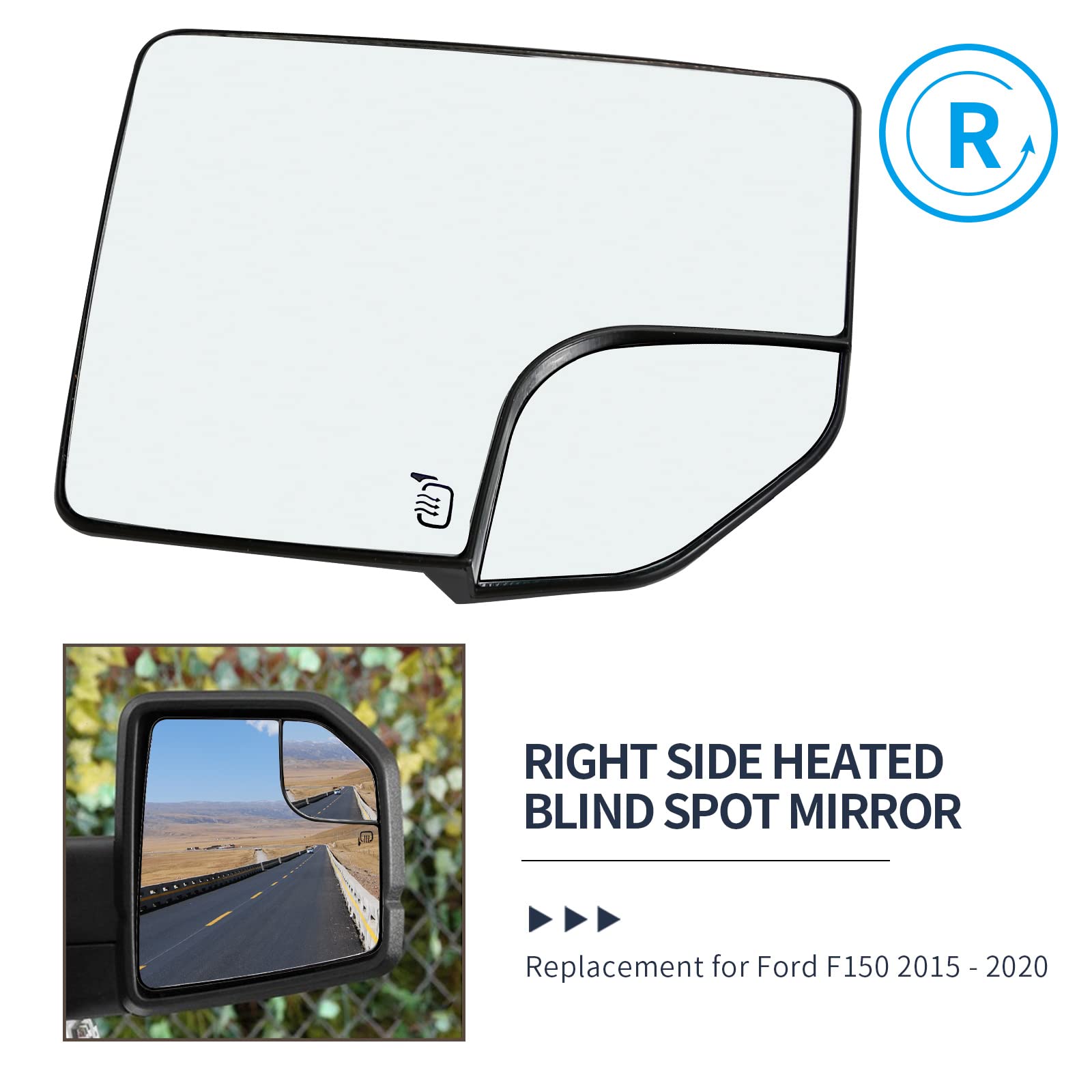 Heated Blind Spot Convex Mirror Replacement for Ford F150 2015-2020 - Passenger Side Rear View Mirror Glass with Defrost Function - Perfect for Winter Driving & Enhanced Safety