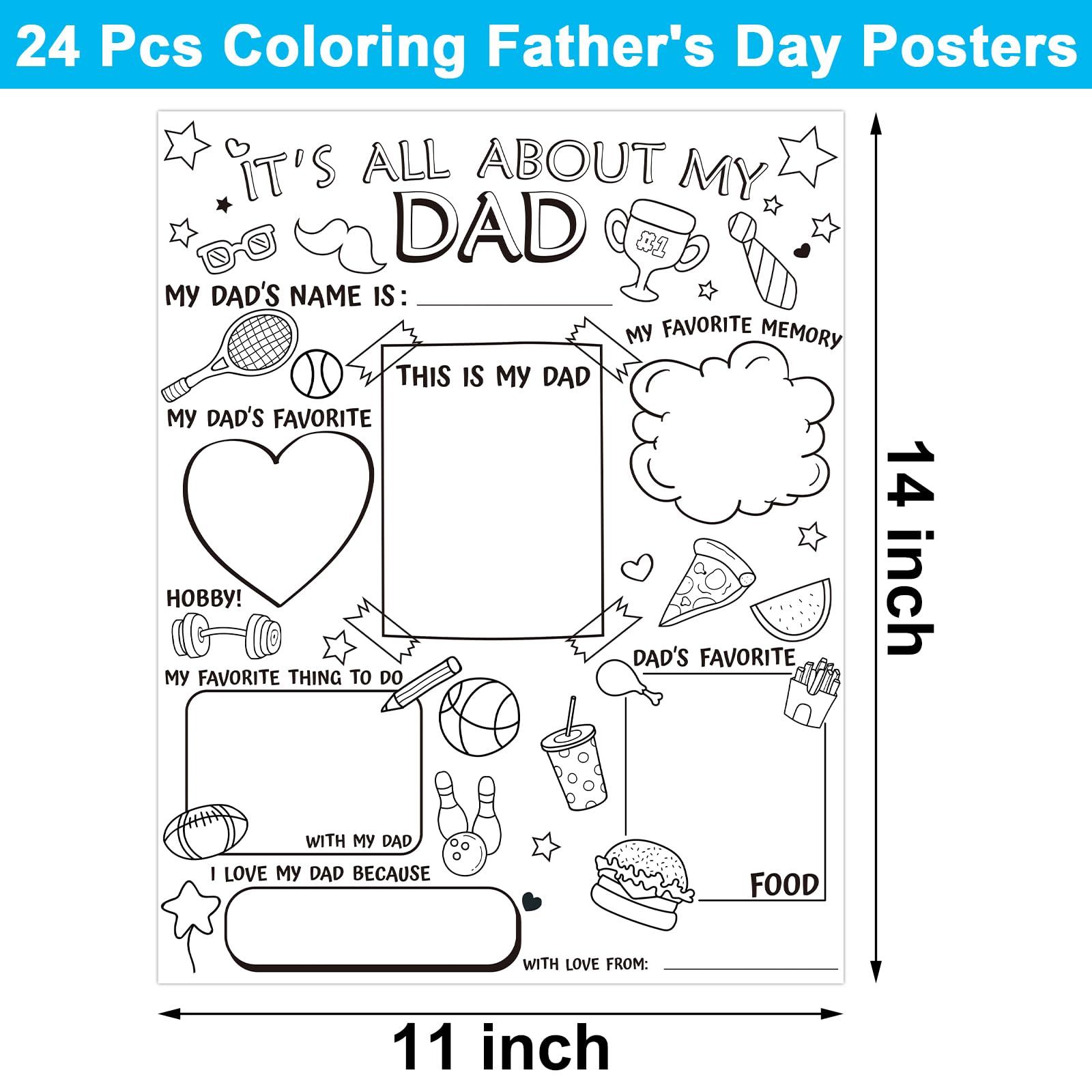24 Pcs DIY Father's Day Coloring Posters - Kids Craft Gifts for Preschool & Elementary Students - Perfect for School & Home Activities