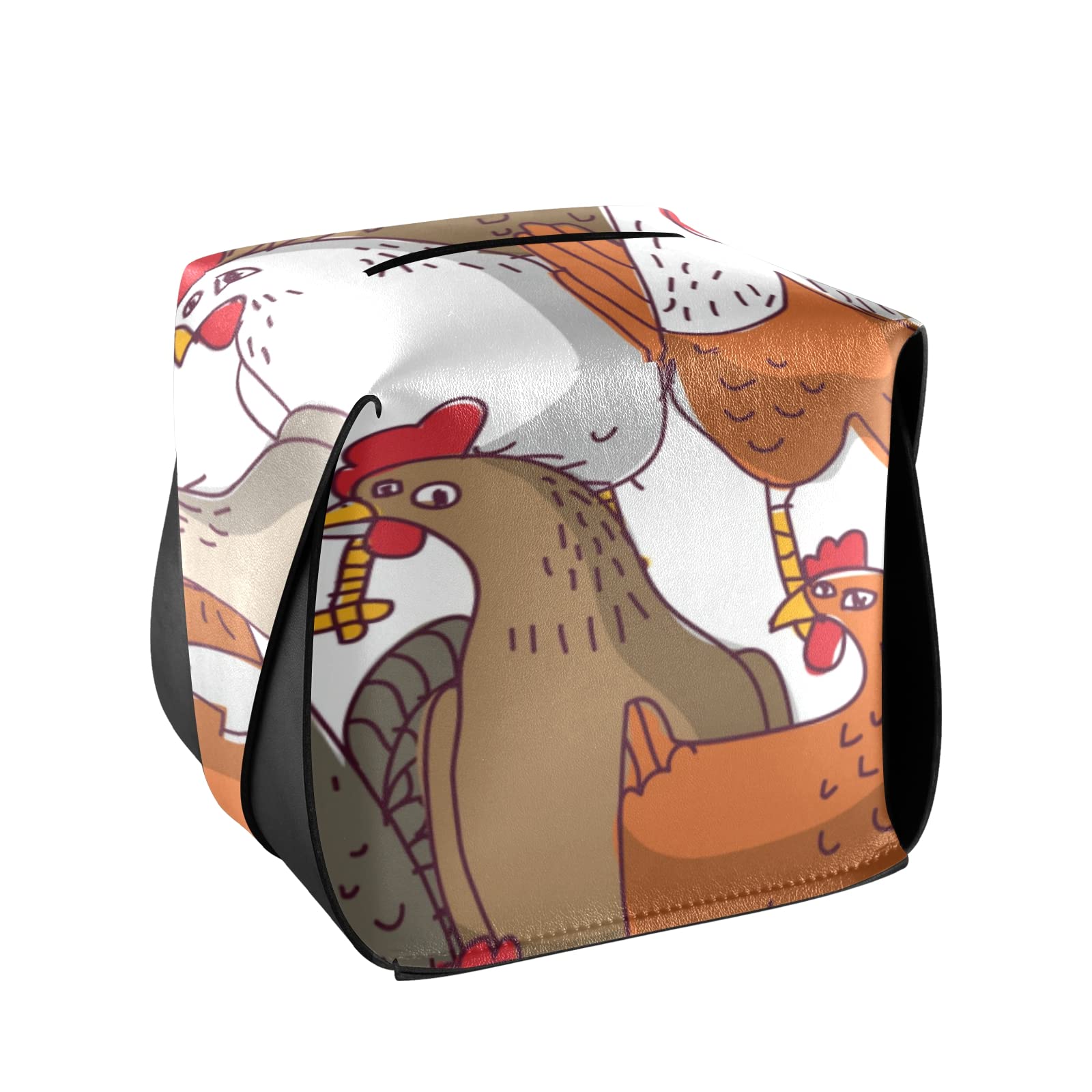 Premium Leather Tissue Box Cover - Brown, White & Orange Chicken Seamless Pattern - 5.7x5.7x5.7 Inch Square Design with Handle for Bathroom, Nightstand, Vanity, Office Desk & Car Decor - Home & Travel Accessory
