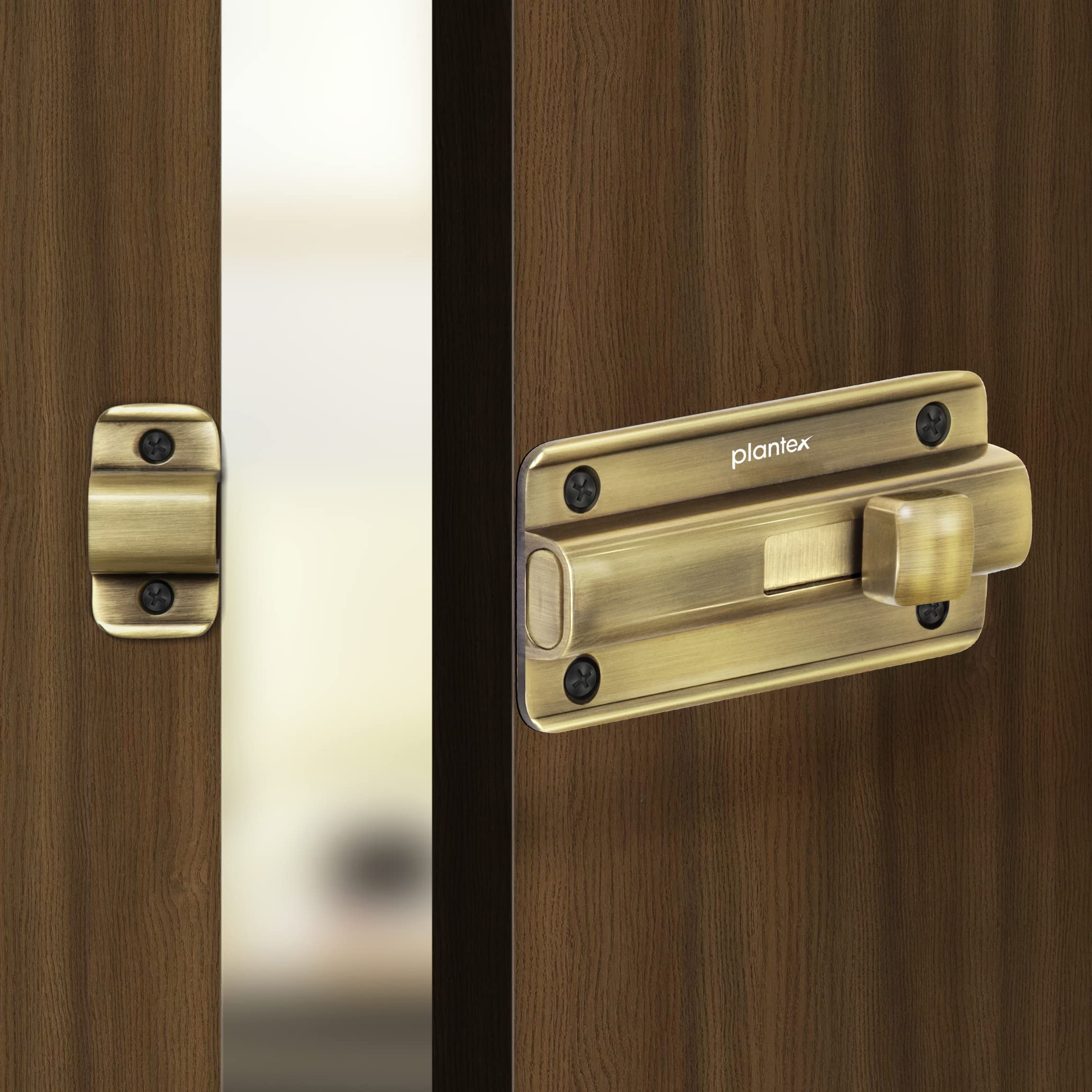 Plantex Premium Heavy Duty Door Stopper & Lock Latch - Solid Brass Antique Finish (1-Pack) for Home, Office, Apartment Security - Perfect for Sliding Doors, French Doors & Child Safety