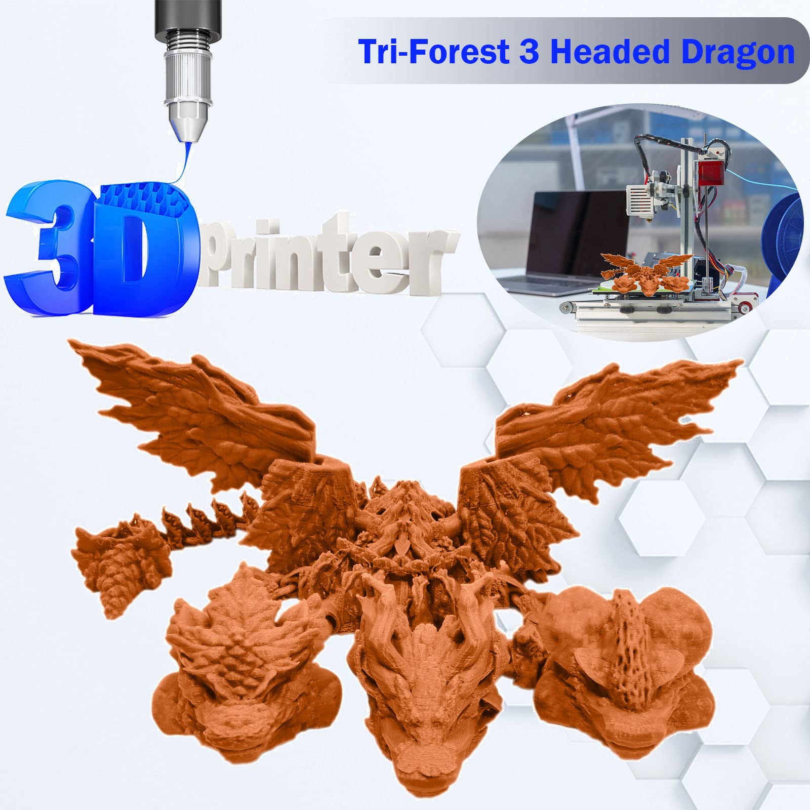 3D Printed Articulated Three-Headed Dragon Toy - Ancient Mythical Beast Monster with Deformable Joints, Anti-Anxiety Action Figure for Collectors (Joy Orange, 15.7 Inch) - Perfect for Home Decor, Stress Relief, and Fantasy Collections