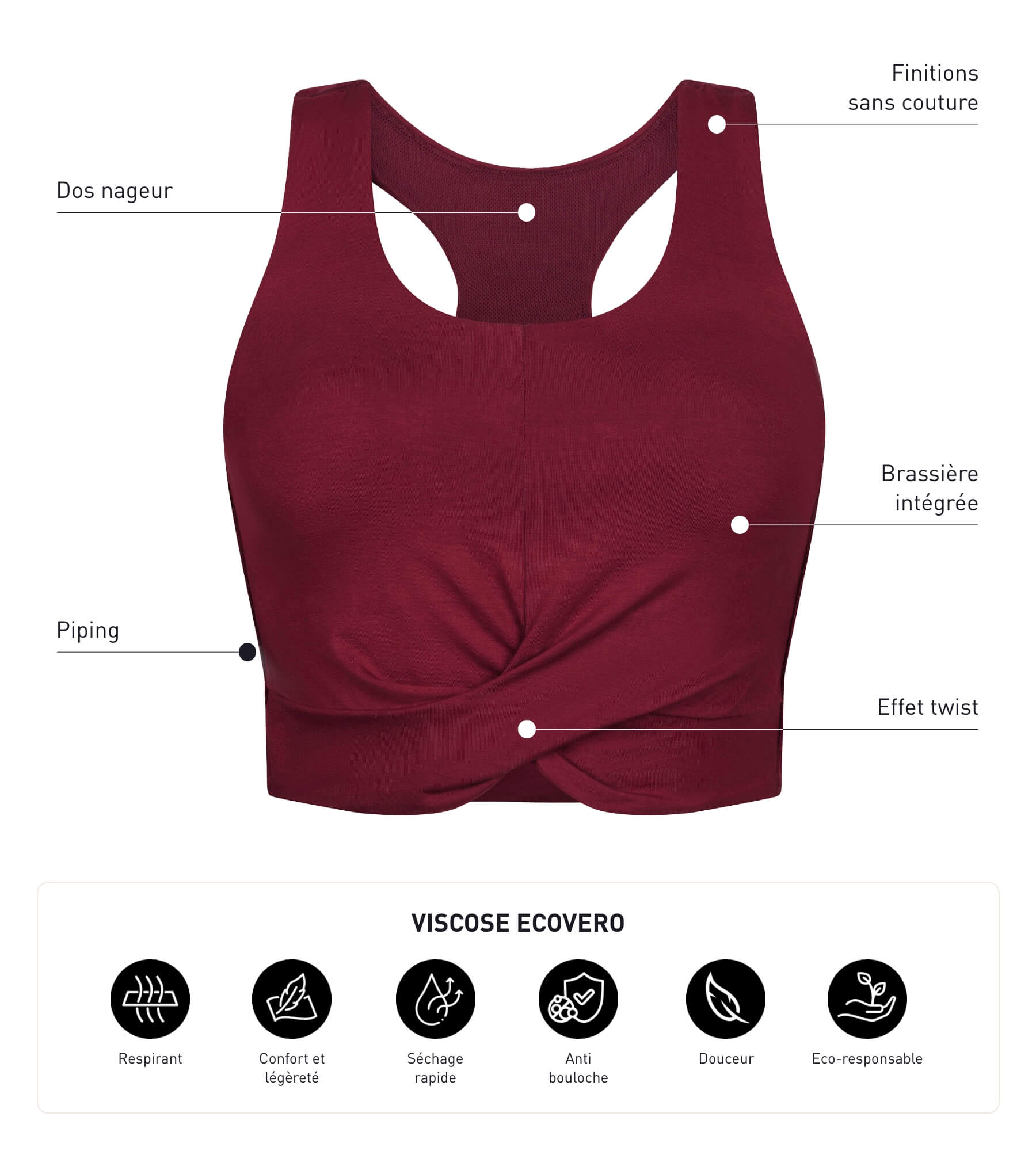 Women's Bordeaux Sports Tank Top with Built-in Bra - Breathable & Supportive for Yoga, Running & Gym Workouts