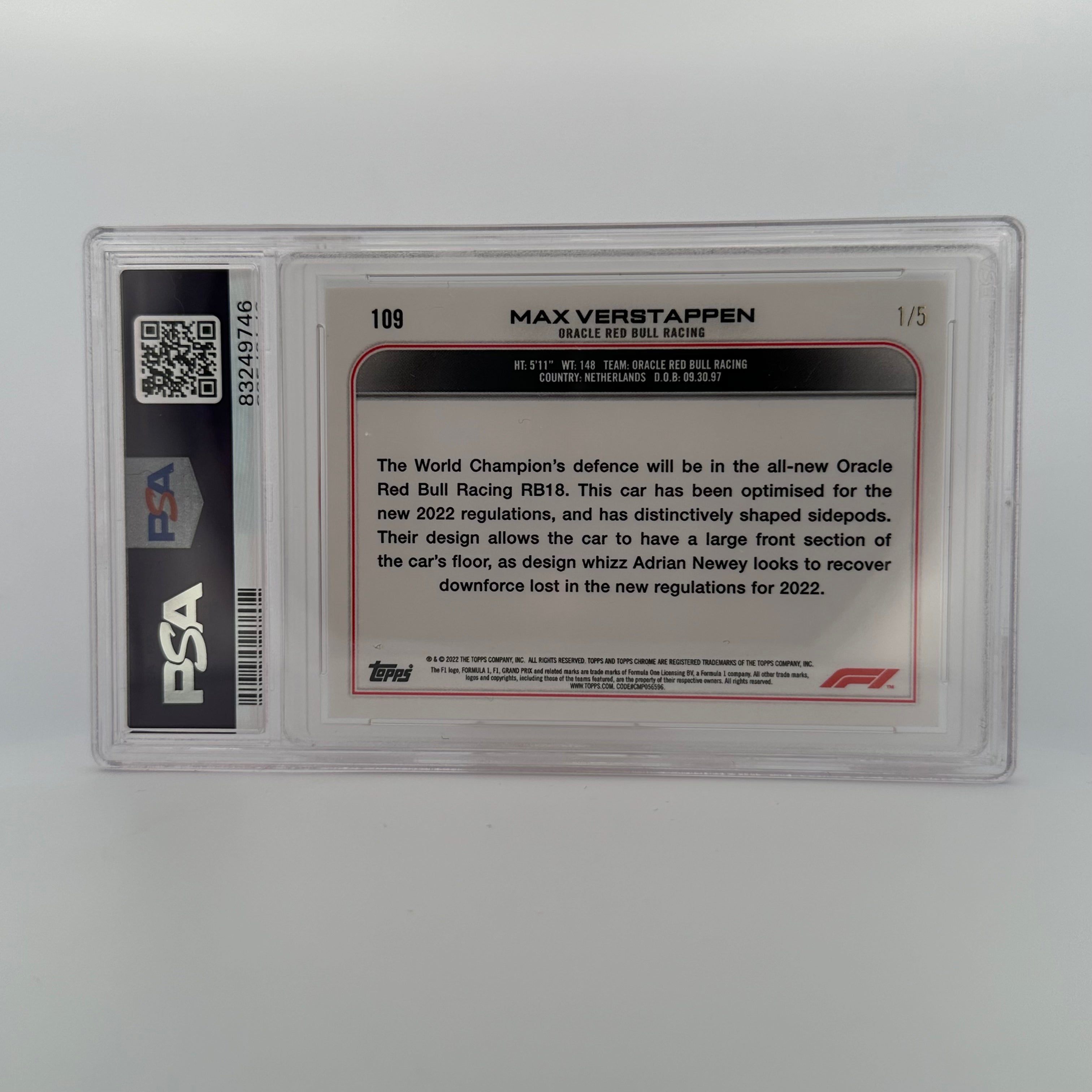PSA 10 1/5 Max Verstappen #109 Red Wave Refractor Trading Card - Rare Collectible for F1 Fans, Sports Memorabilia & Investment