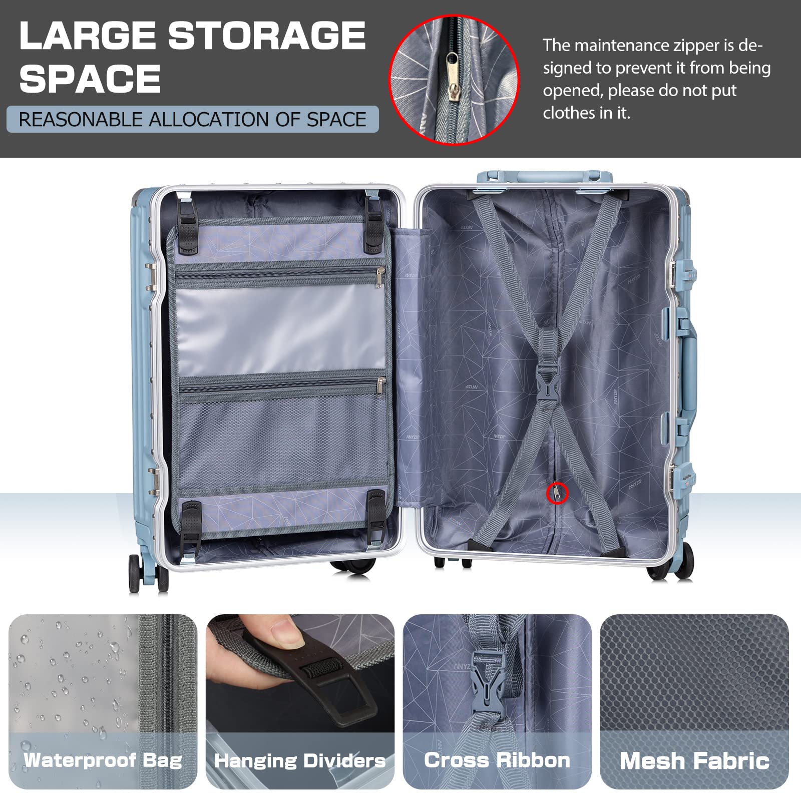 AnyZip 20in Haze Blue Carry On Luggage - Aluminum Frame PC ABS Hard Shell Suitcase with 360° Spinner Wheels & TSA Lock - Perfect for Business Travel & Weekend Getaways