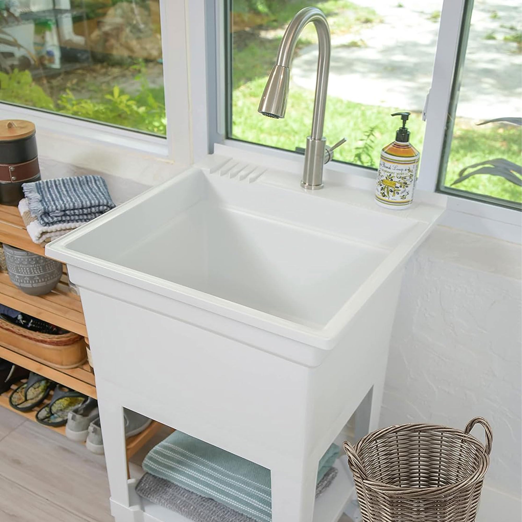 Heavy Duty 24x24 Inch Plastic Utility Sink - Freestanding Compact Laundry Tub for Workshop, Garage & Greenhouse - USA-Made White Utility Basin Perfect for Pet Washing Station, Outdoor Cleaning & DIY Projects
