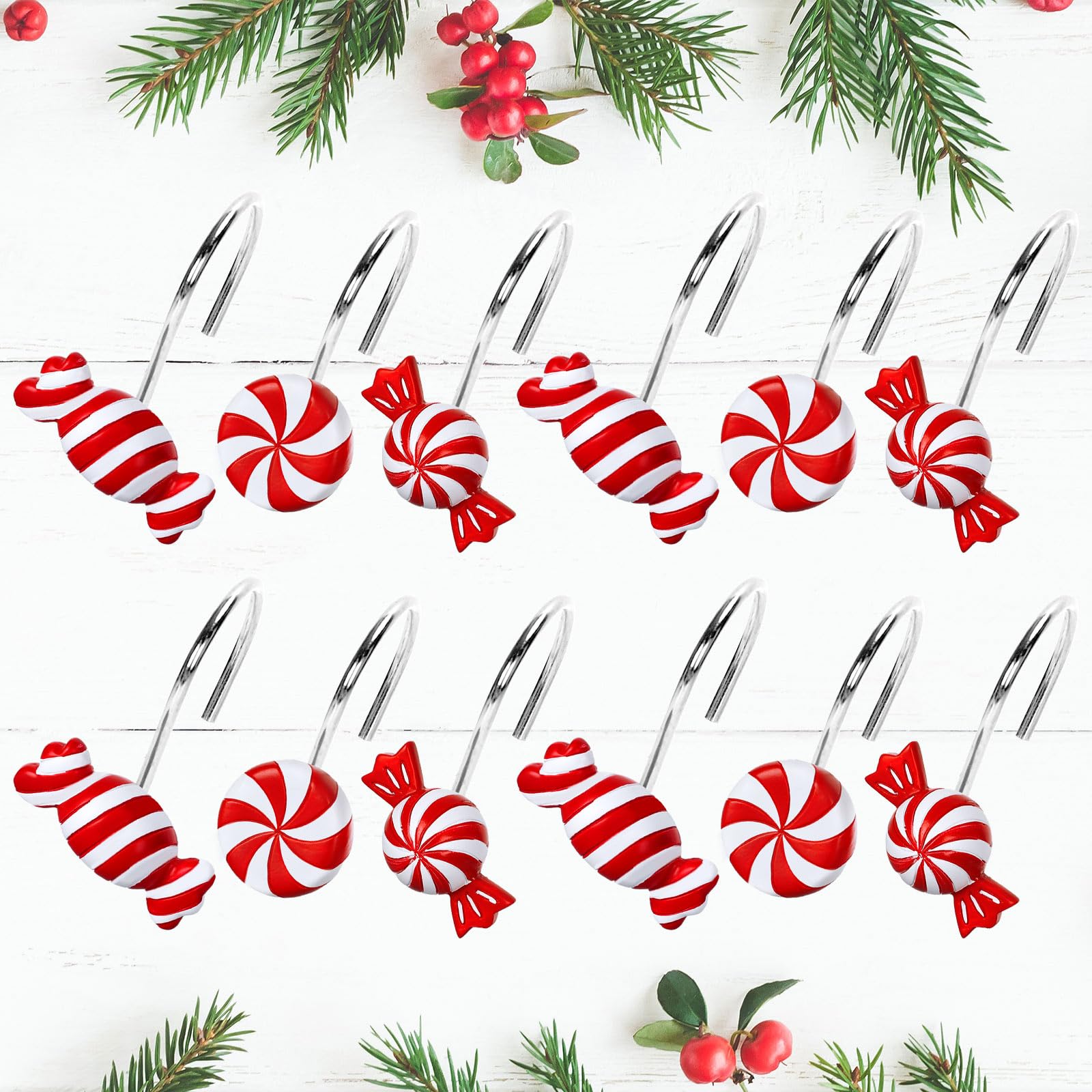 Whaline 12Pcs Christmas Shower Curtain Hooks - 3 Styles Holiday Candy-Themed Hangers (Red & White) - Xmas Bathroom Decor Rings for Holiday Ornament - Perfect for Christmas Bathroom Decorations & Holiday Home Styling