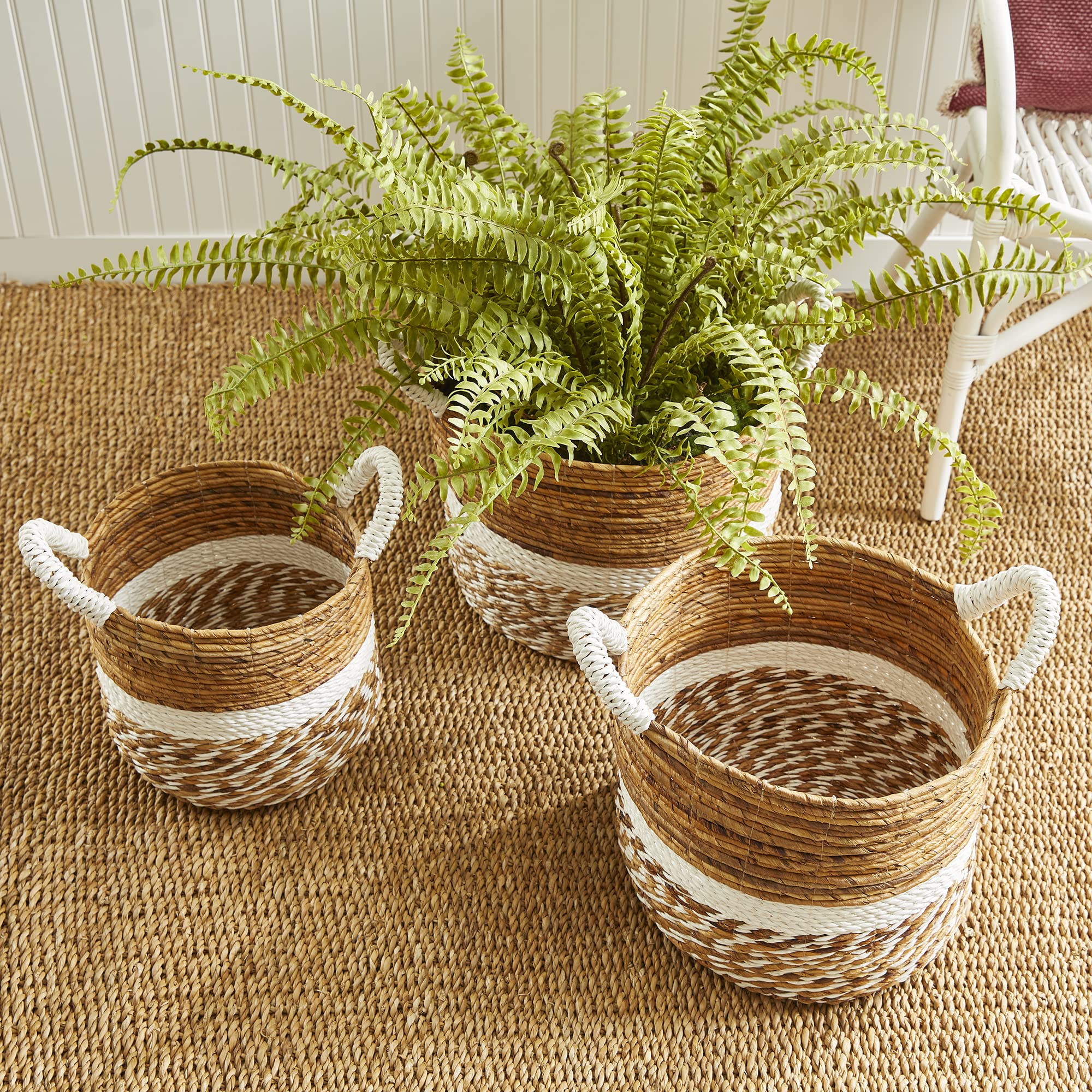 Napa Home & Garden Key Largo Round Woven Storage Baskets - Set of 3 White Decorative Baskets for Home Organization, Laundry, Bathroom & Living Room Decor