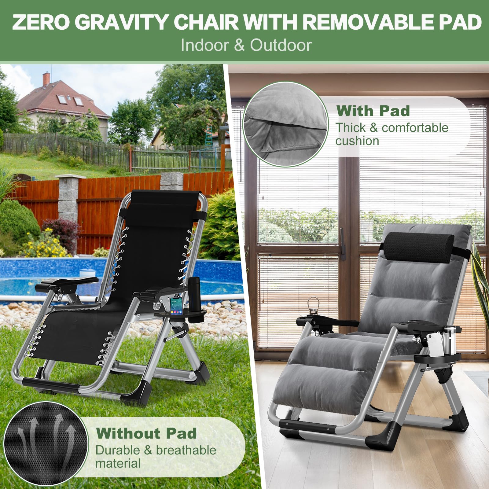 Barbella Zero Gravity Reclining Lounge Chair - Adjustable Folding Patio Chair with Removable Cushion, Headrest & Cup Holder - Perfect for Backyard, Poolside, Beach & Indoor Relaxation