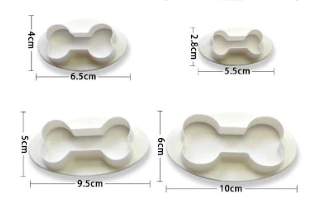 4-Piece White Plastic Dog Bone Cookie Cutter Set - Embosser & Cake Decorating Baking Mold Tools for Cookies, Cupcakes, and DIY Pet Treats
