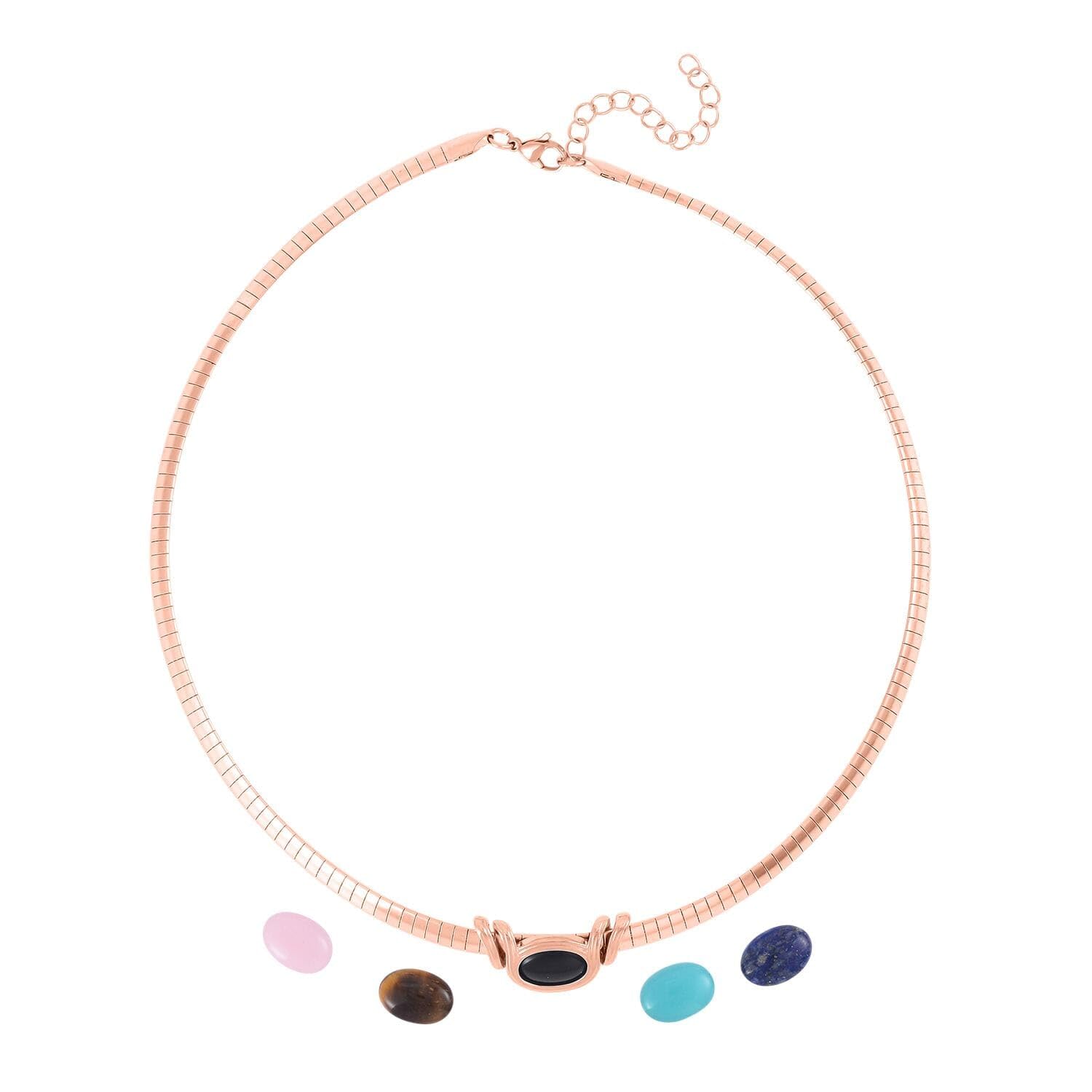 Rose Quartz & Amazonite Stainless Steel Adjustable Choker Necklace for Women - 5 Interchangeable Gemstone Pendants, 18-20