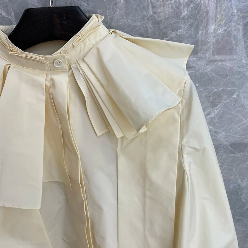 Apricot Minimalist Short Sleeve Blouse for Women - Stand Collar Long Sleeve Patchwork Pleated Loose Korean Style Top | Perfect for Office Wear, Casual Outfits & Spring Fashion