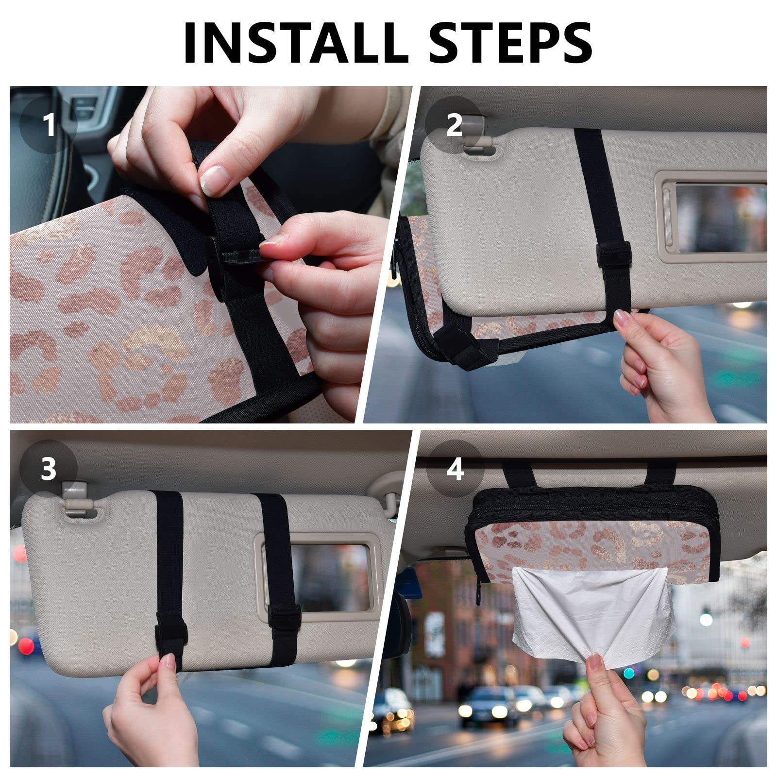 Rose Gold Leopard Print Car Tissue Holder - Adjustable Sun Visor Napkin Dispenser with Zipper for Front Seat & Backseat | Car Accessories for Travel, Commuting & Road Trips