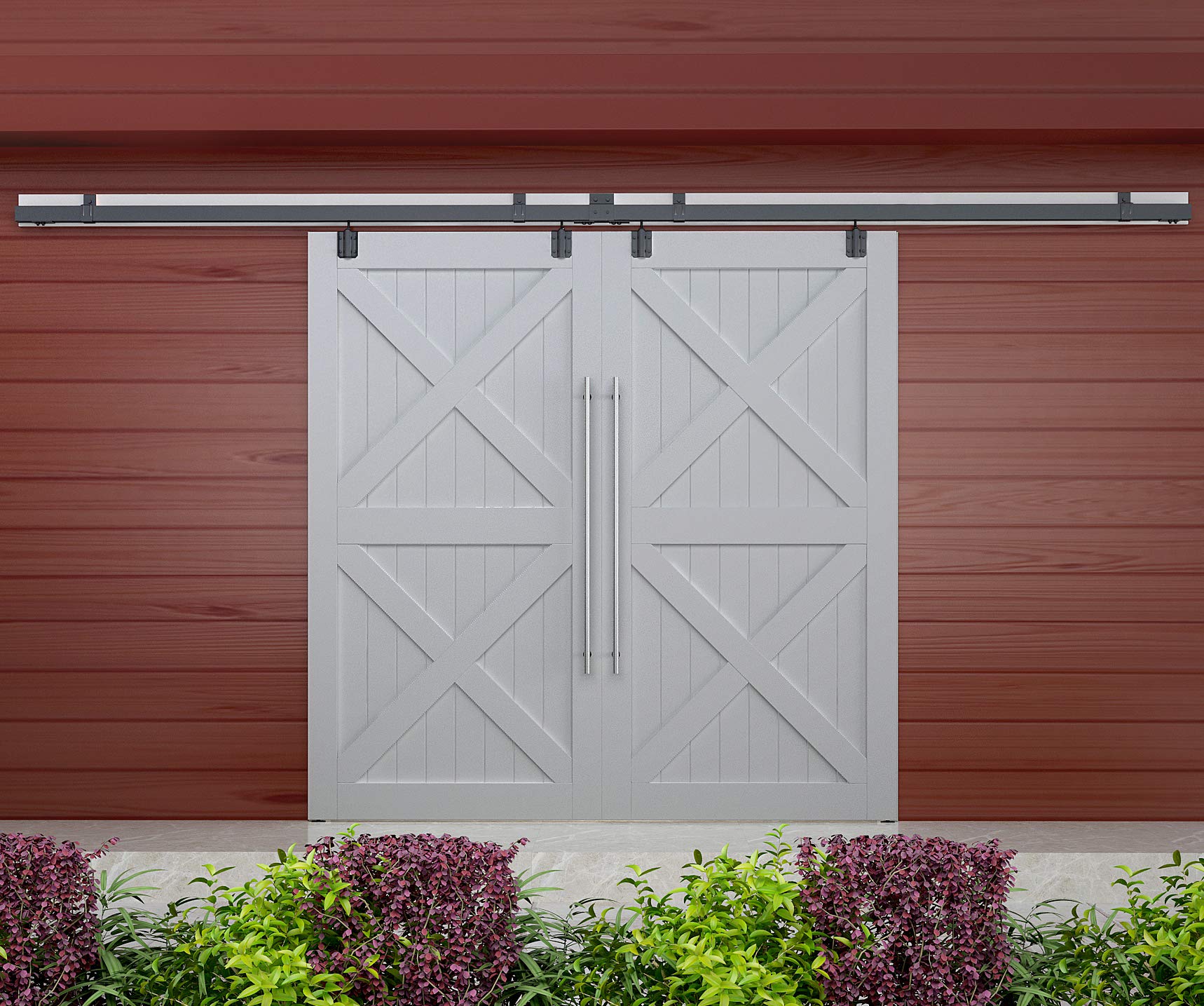 10FT Heavy Duty Exterior Double Sliding Barn Door Hardware Kit - Wall Mount Track System for 2 x 30in Doors (Max Load 300lbs) - Perfect for Farmhouse, Rustic Home & Commercial Spaces - Hardware Only (No Door Included)