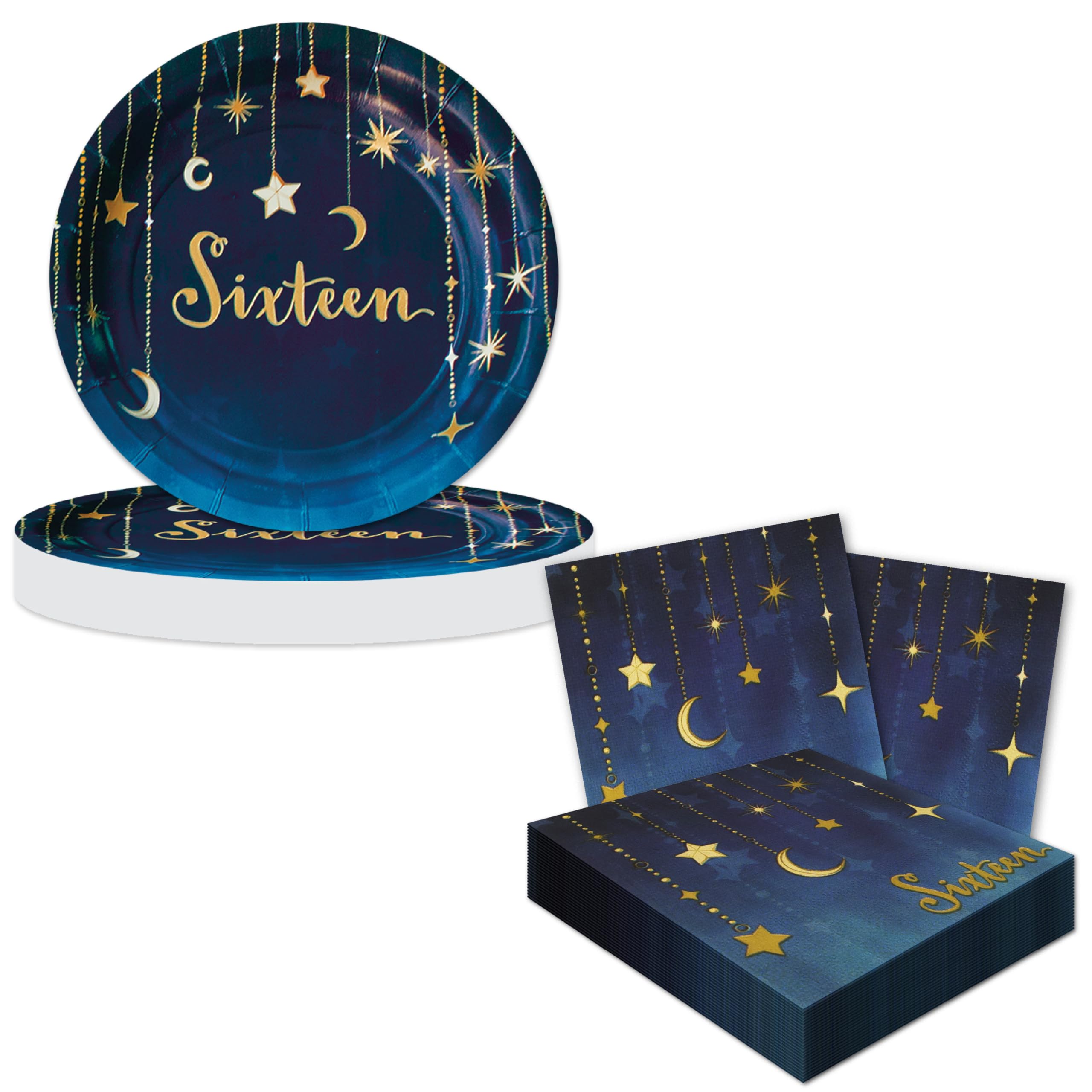 Havercamp Sweet 16 Birthday Party Supplies Set - 16 Printed Plates & Beverage Napkins with Gold Starry Night Design - Perfect for Teen Birthday Celebrations, Quinceañeras & Special Occasions