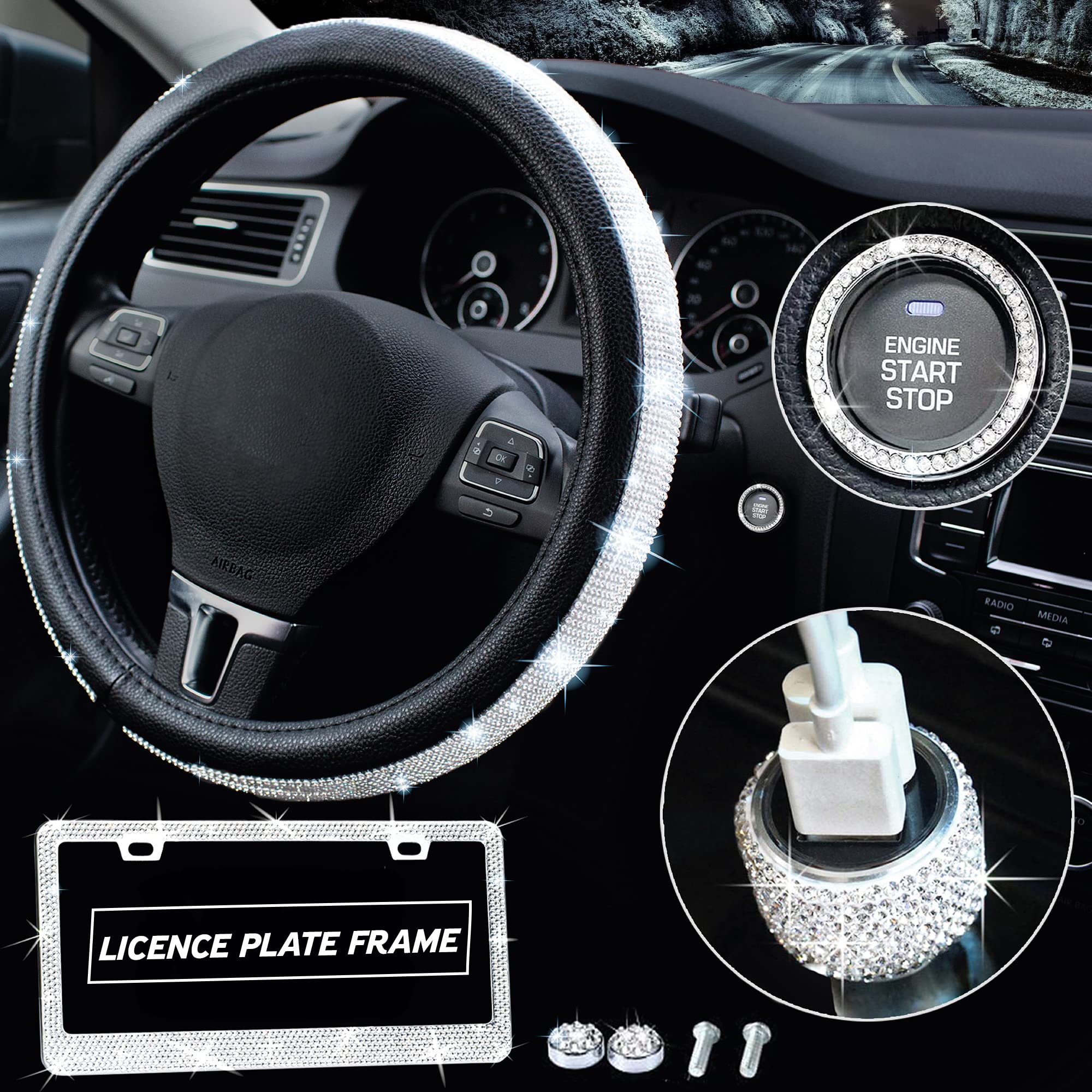 Sparkling Car Accessories Set for Women - Crystal Decorated Steering Wheel Cover (Universal 15 Inch), Rhinestone License Plate Frame & USB Car Charger - Perfect for Gift Giving, Car Decor & Daily Commute