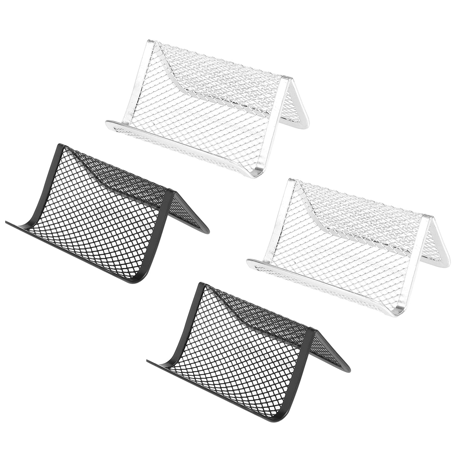 Angoily 4-Piece Mesh Business Card Holder Stand - Desktop Organizer with Phone Holder & Credit Card Rack (Silver/Black, 105x80x56mm) - Perfect for Office Desk Organization & Professional Business Card Display