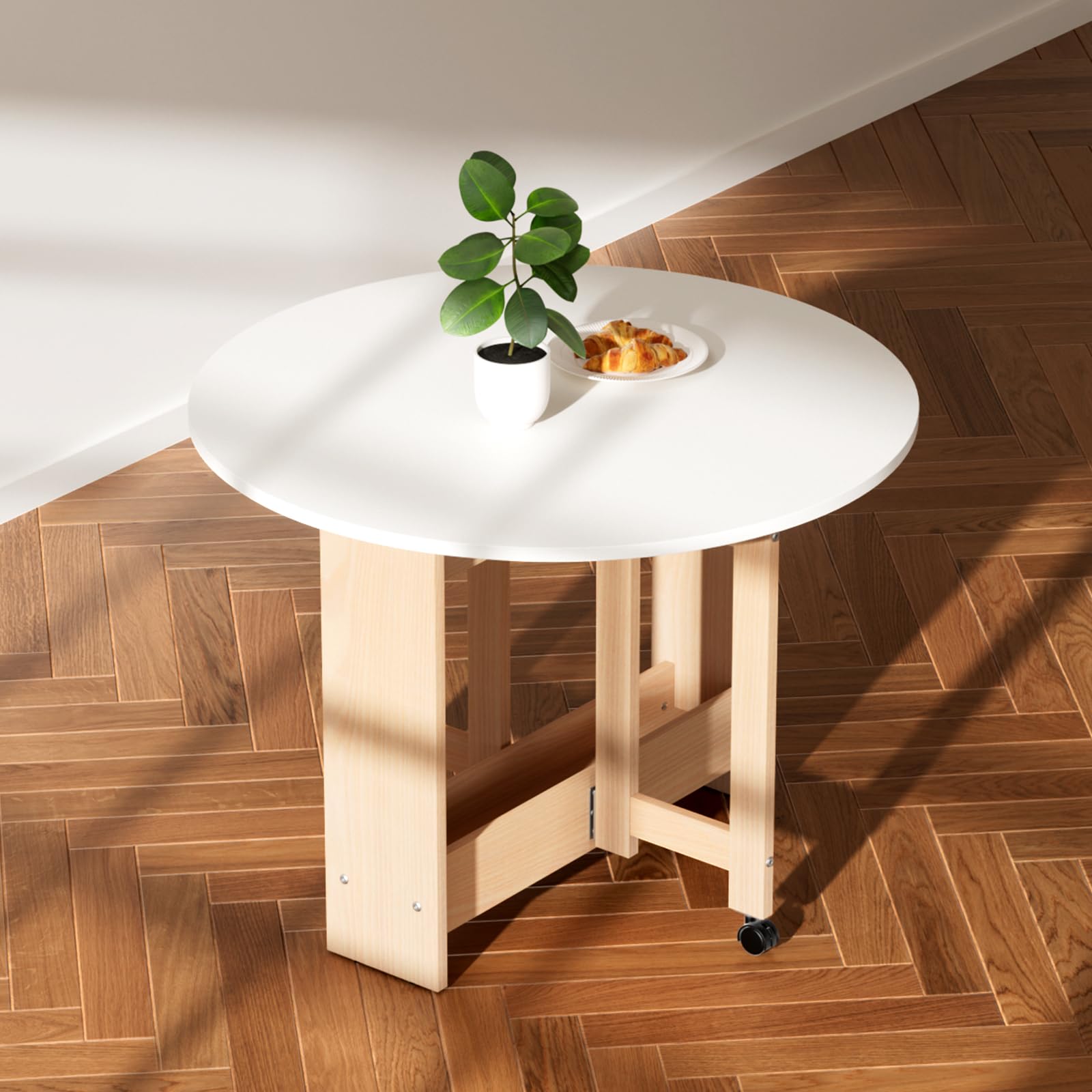 Round Drop-Leaf Folding Dining Table - Space Saving Extendable Convertible Table with Storage Box & Wheels - White Kitchen Farmhouse Living Room Furniture - Perfect for Small Spaces, Apartments & Multi-Purpose Rooms