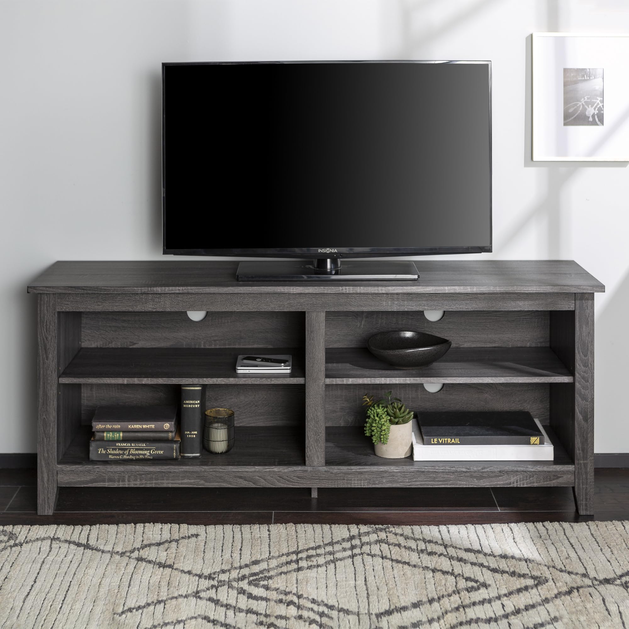 Walker Edison Wren Classic 4-Cubby TV Stand for 58-65 Inch TVs - Charcoal Finish - Perfect for Living Room, Bedroom & Home Theater Setup