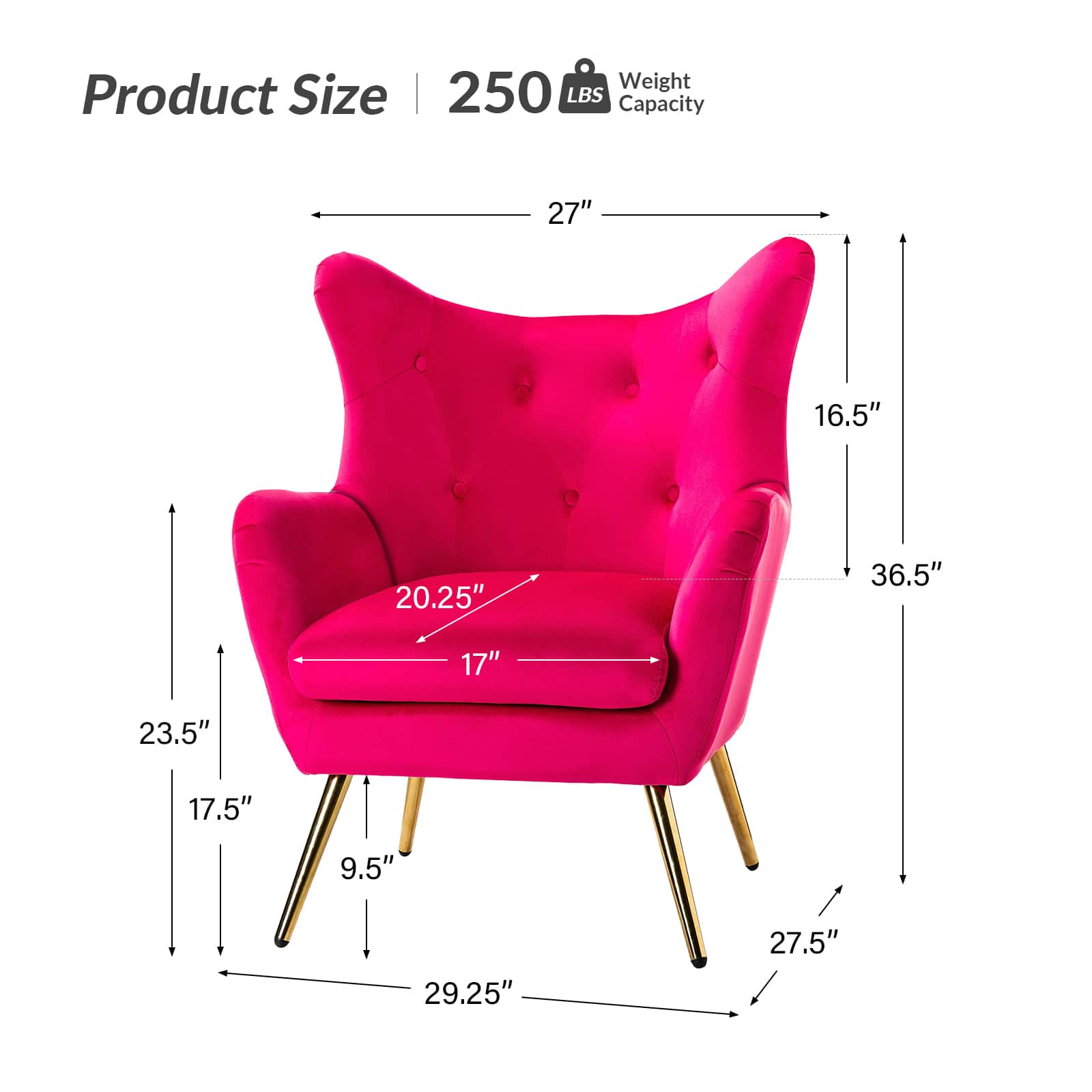 Luxury Isabelle Wingback Velvet Upholstered Armchair - High Back Accent Chair with Sturdy Metal Legs for Living Room, Bedroom & Office Decor