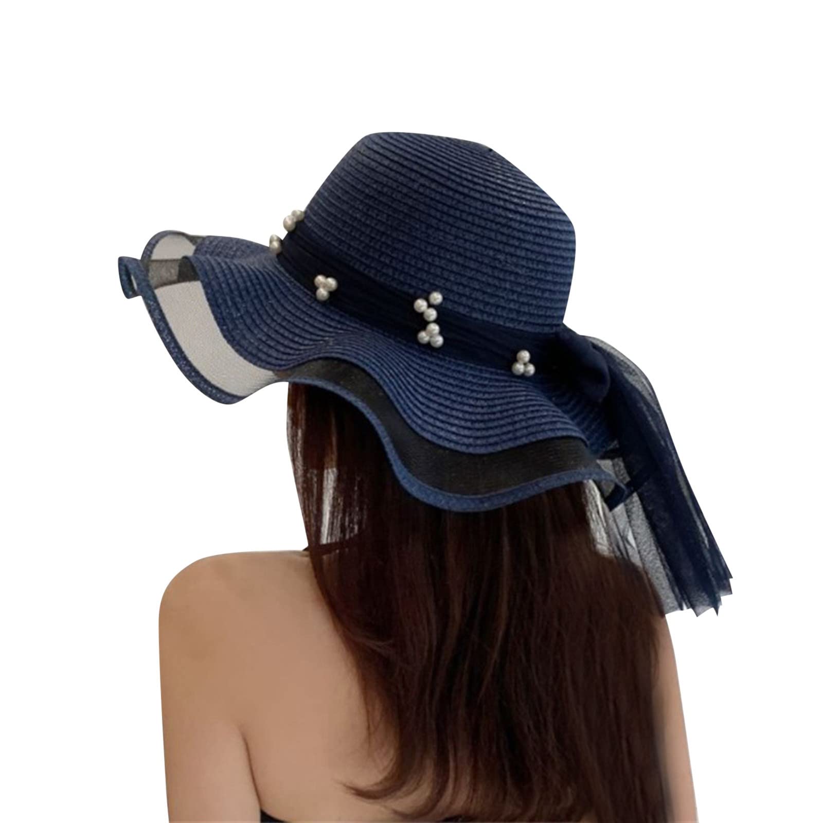 Stylish Women's Summer Hats with Mesh Wave & Pearl Ribbon - UV Protection Sun Hats for Ladies & Girls - Perfect for Beach, Outdoor Activities & Fashion Accessories