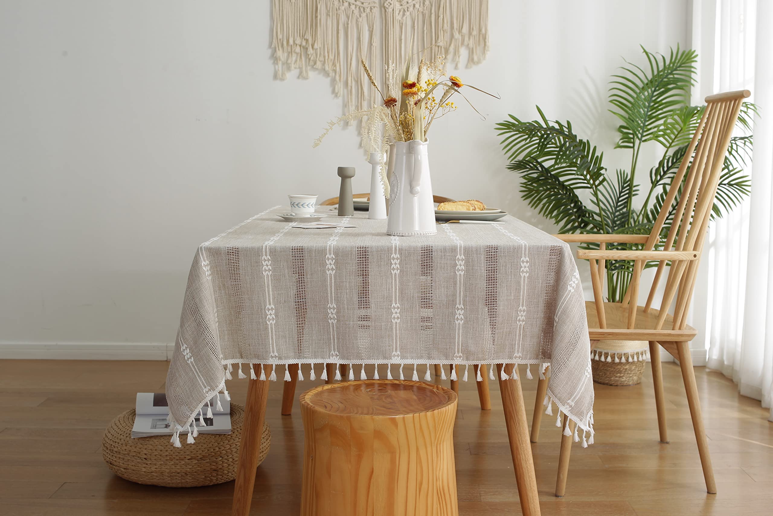Premium Heavyweight Cotton Linen Tablecloth - 55 x 55 Inch Dustproof Rectangle Table Cover for Dining, Kitchen & Party Use (Hollow Coffee Design, Fits 4-Seat Square Tables) - Perfect for Holiday Gatherings, Restaurant Decor & Home Entertaining