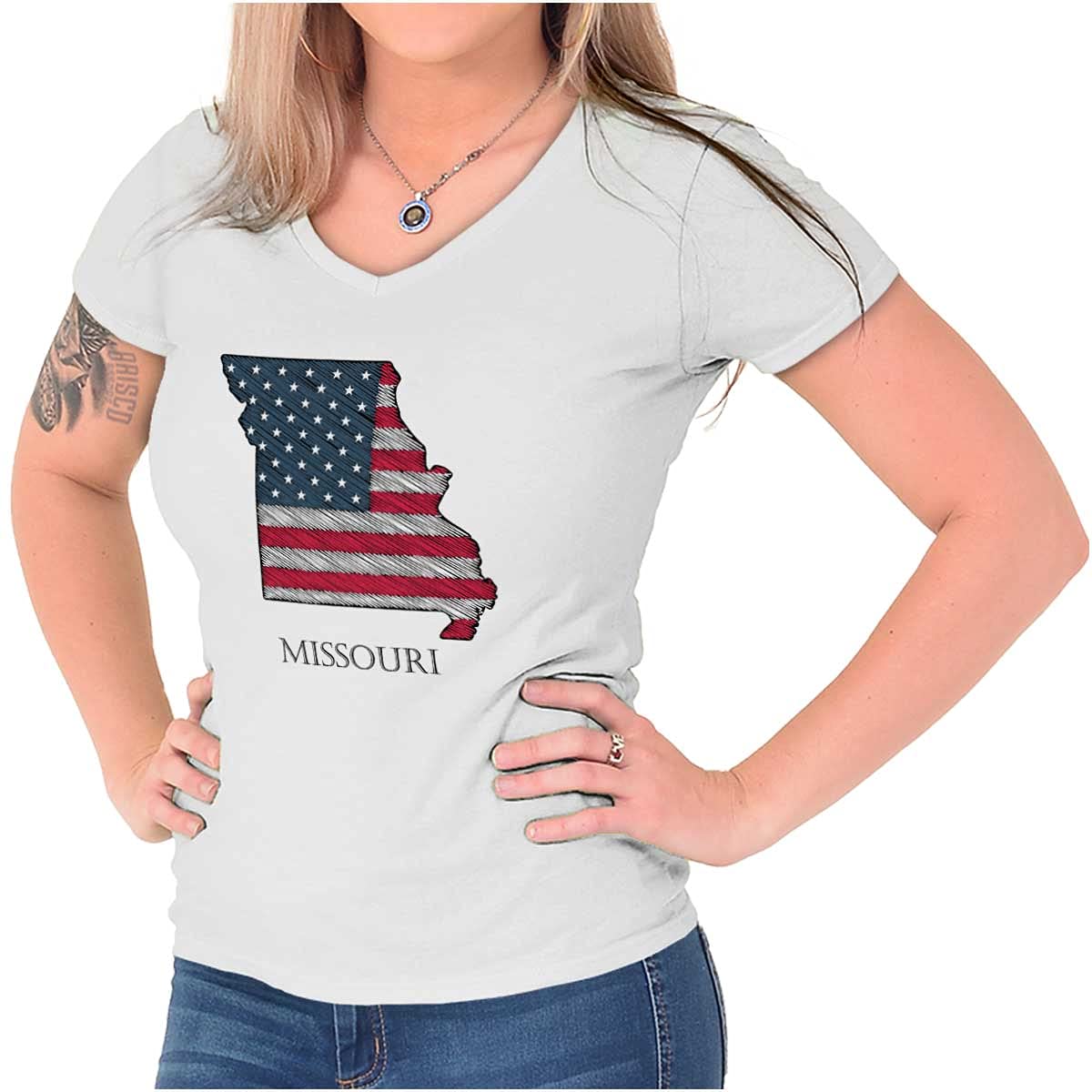 Missouri State Shaped USA Flag Women's Petite V-Neck T-Shirt | American Pride Graphic Tee | Casual Wear, Patriotic Outfits & Gift Ideas