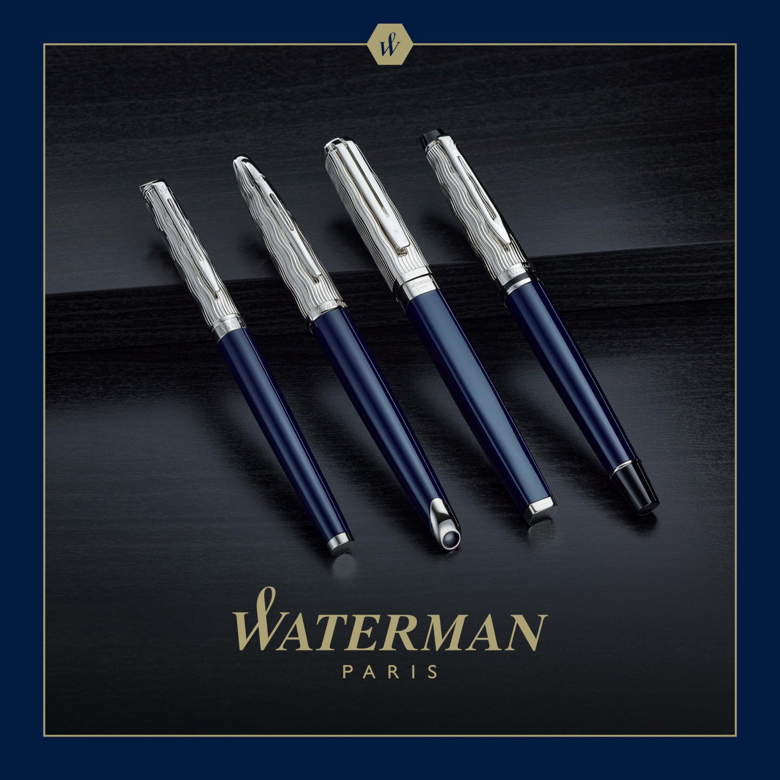 Waterman Hémisphère Rollerball Pen - Premium Metal Blue Lacquer Fountain Pen with Chiselled Cap & Black Ink Refill (Gift Box Included) - Perfect for Business Gifts, Office Use & Luxury Writing