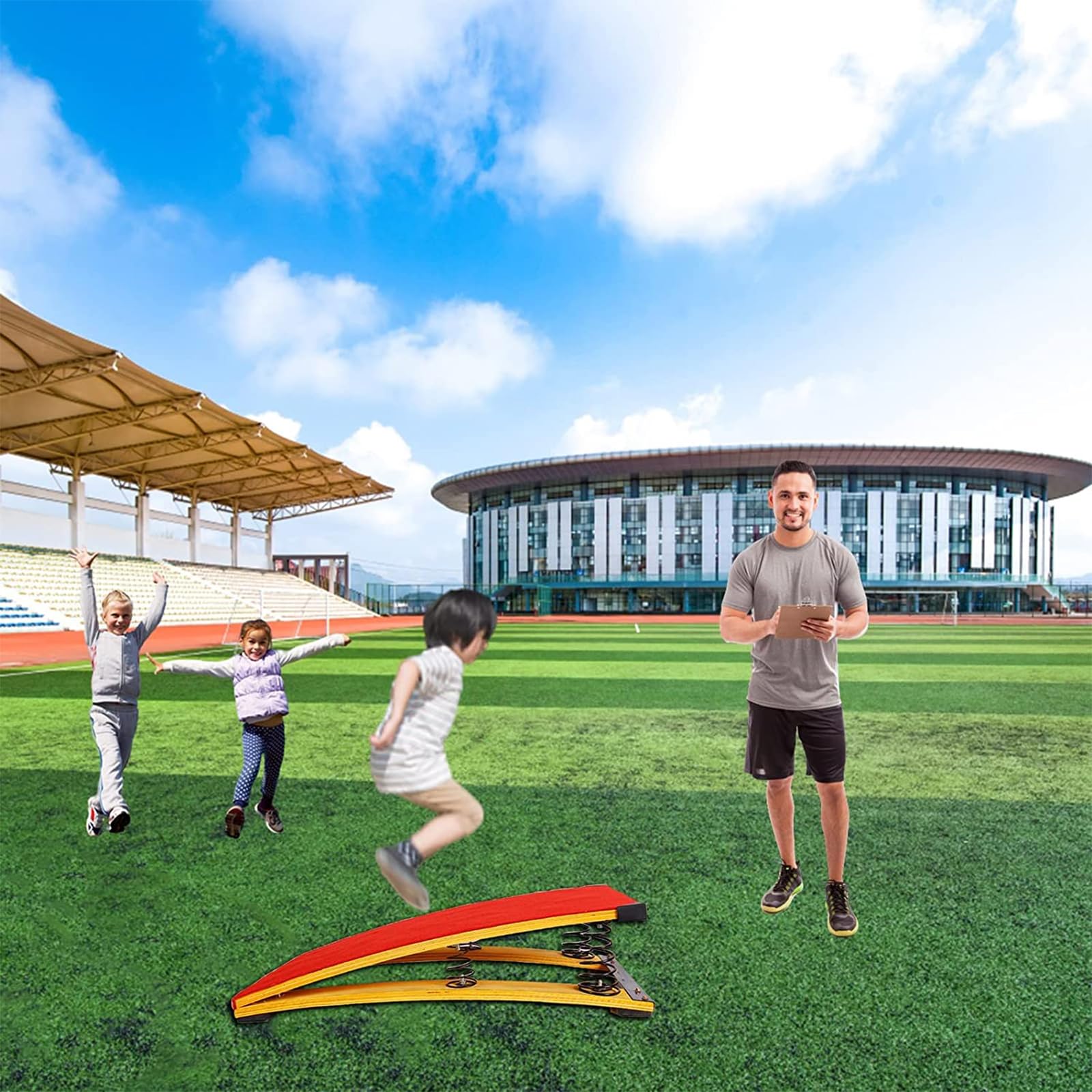 4 Springs Gymnastics Springboard for Kids - Portable Curved Vaulting Training Board with Hardwood Base - Home & Gym Fitness Equipment for Gymnastics, Athletics & Play - Perfect for Backyard Practice, School PE Classes & Indoor Training