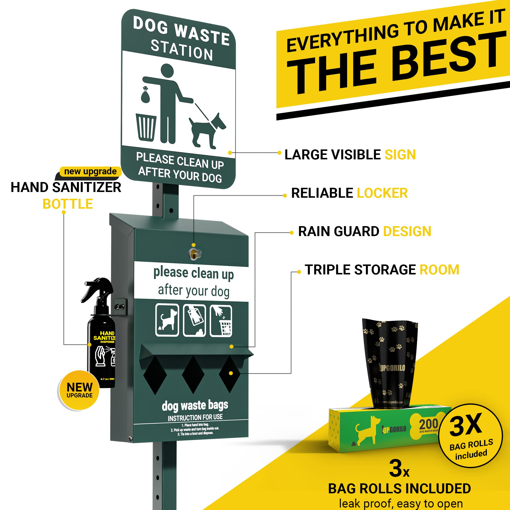 Glow in the Dark Pet Waste Station with 600 Dog Waste Bags & 50 Can Liners - Outdoor Dog Poop Dispenser with Sign, Hand Sanitizer & Lidded Trash Can - Perfect for Parks, Backyards & Dog Walking Areas