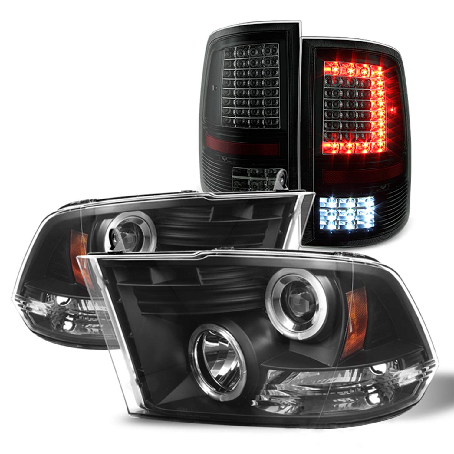 AKKON LED Headlights and Tail Lights for 2009-2018 Dodge Ram - Black Halo DRL Projector Headlights + Smoke Lens LED Tail Lights - Upgrade Your Truck's Style & Night Visibility