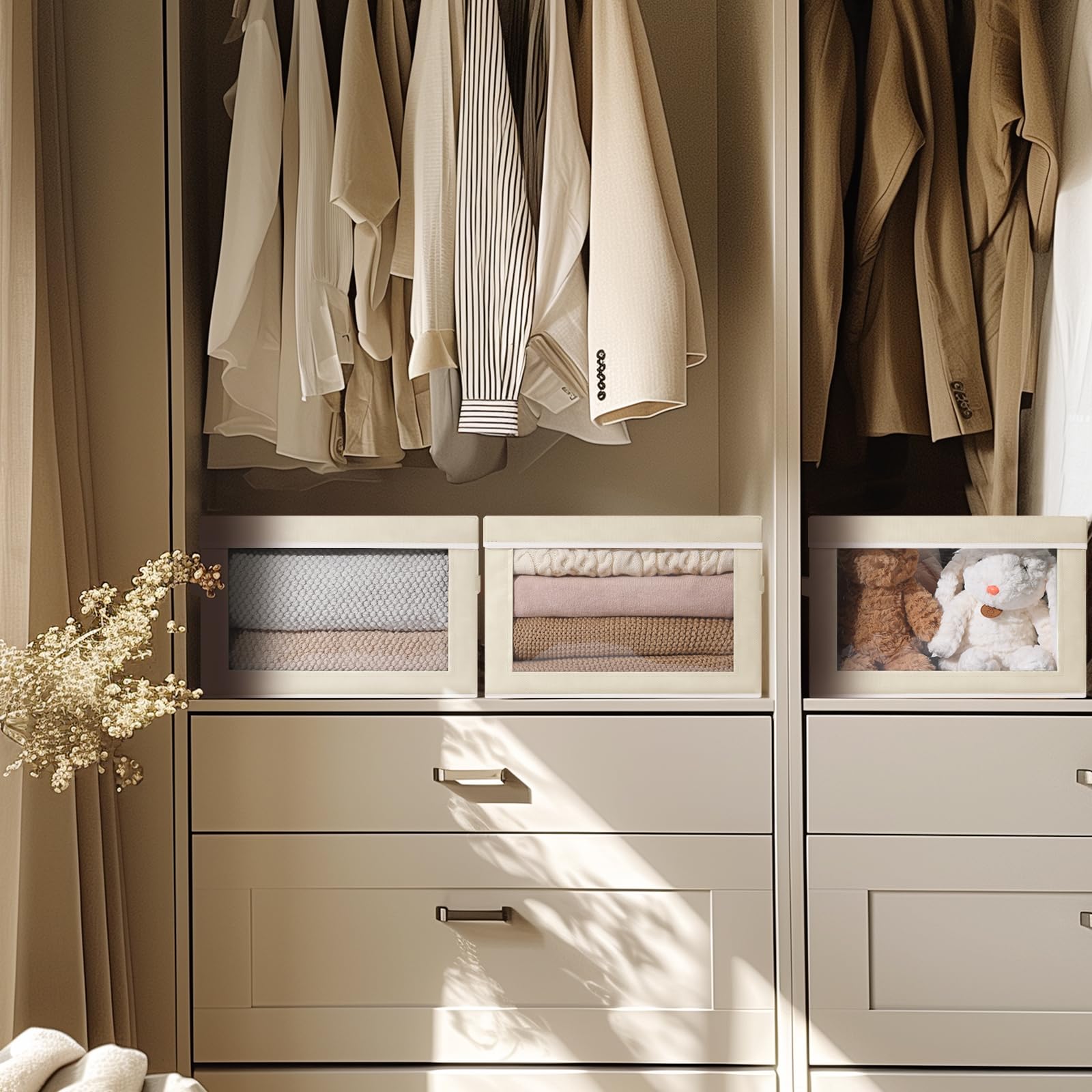 Clear Window Fabric Storage Boxes with Lids - 4 Pack Large Decorative Storage Bins with Handles, Linen Closet Organizer for Clothes, Towels & Blankets - Perfect for Bedroom, Closet & Home Organization (Beige)