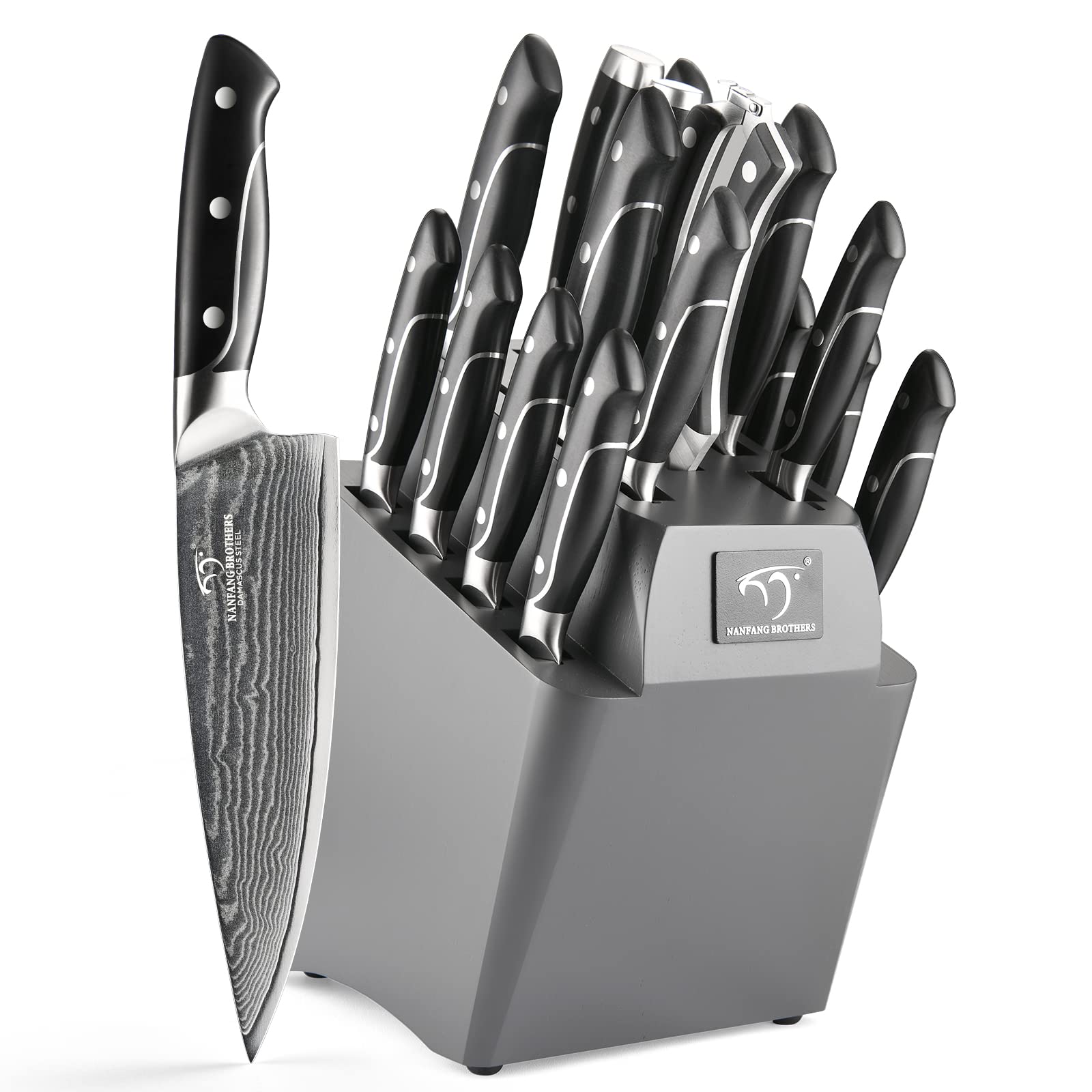 18-Piece Damascus Steel Kitchen Knife Set with 8 Steak Knives, Non-Slip ABS Ergonomic Handle, Knife Sharpener & Shears - 17-Slot Ash Wood Knife Block (Grey) - Perfect for Home Chefs, Cooking Enthusiasts & Professional Kitchens