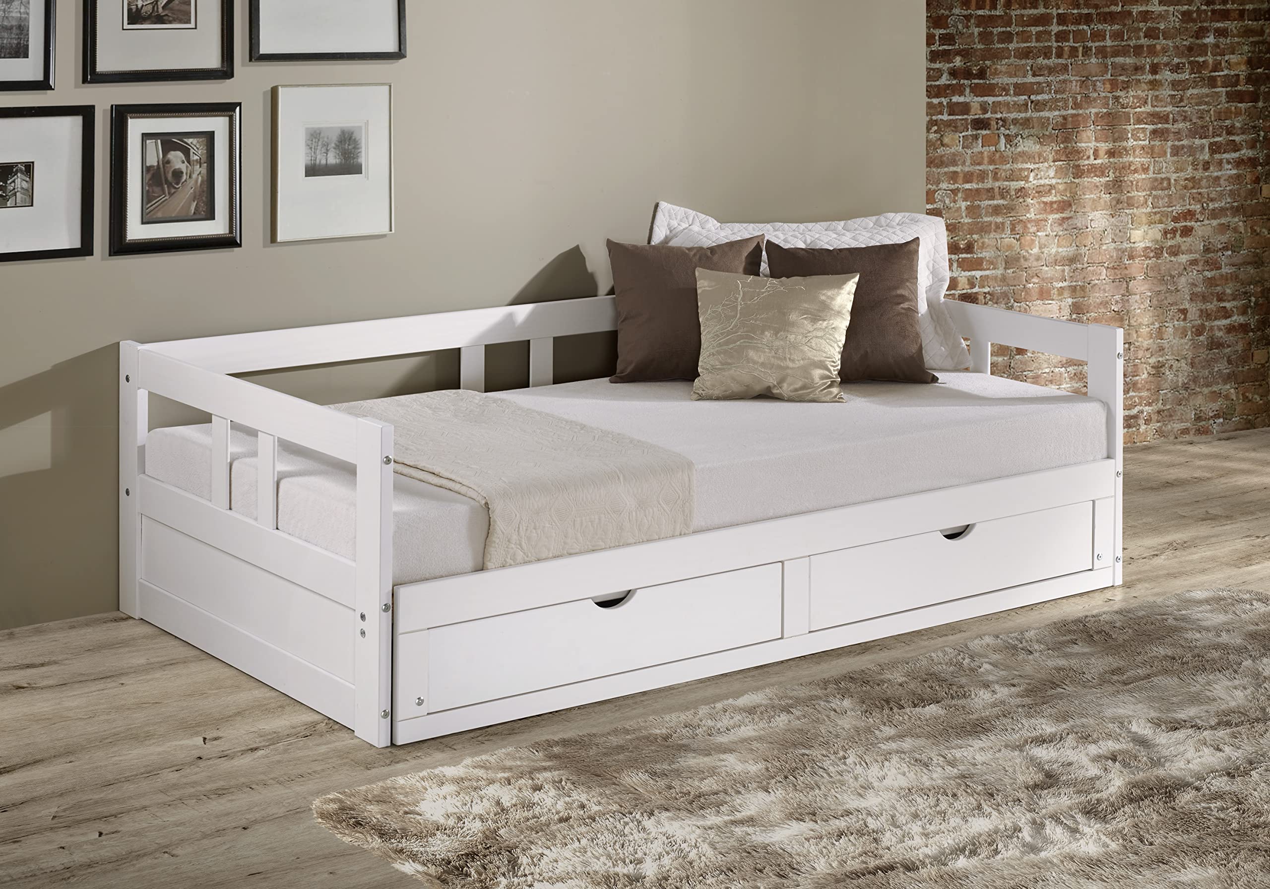 Alaterre Furniture Melody Extendable Pine Trundle Daybed with Underbed Storage - White Twin to King Size - Kids Bedroom Furniture Set with Headboard - Perfect for Guest Rooms, Dormitories & Small Spaces