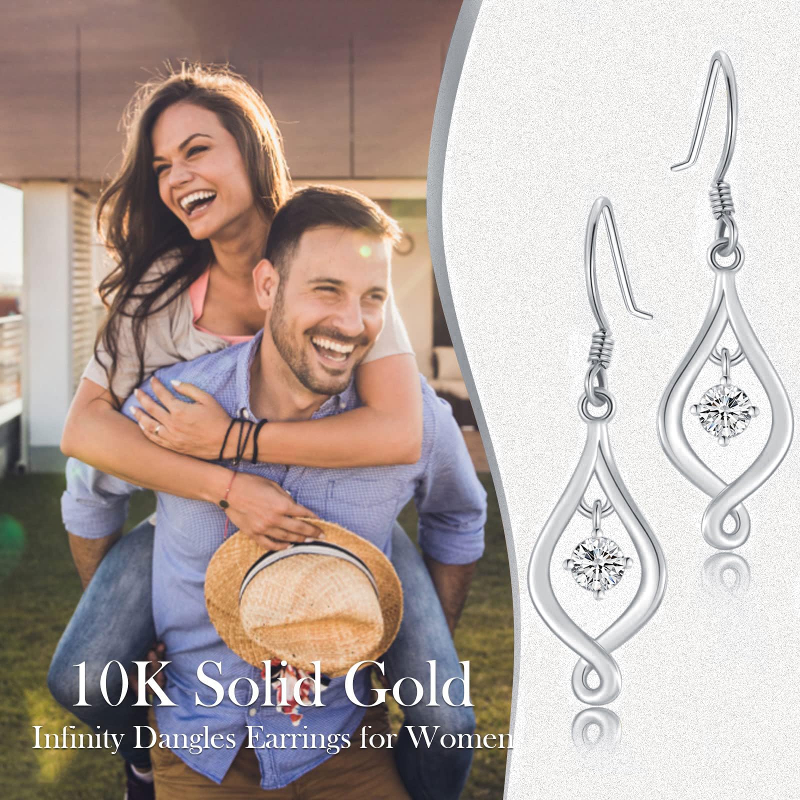 10K Solid Gold Infinity Drop Earrings for Women - Yellow & White Gold Moissanite Dangle Earrings - Elegant Birthday Gift for Wife, Mom, Anniversary - Perfect for Weddings, Date Nights & Special Occasions