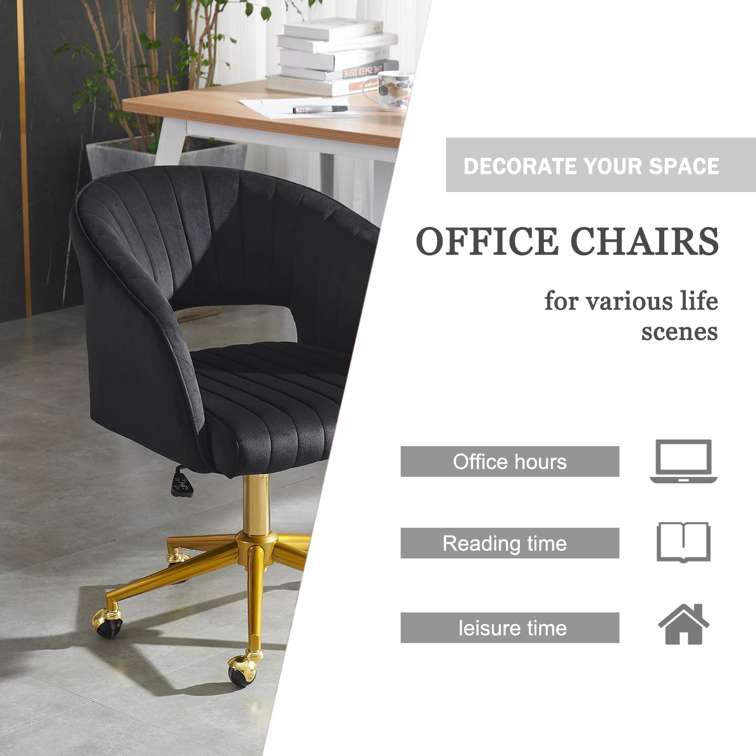 Kiztir Velvet Home Office Chair with Gold Base - Modern Swivel Desk Chair with Round Solid Wheels & Adjustable Height - Ergonomic Computer Chair for Study, Living Room, Bedroom - Perfect for Remote Work & Home Decor (Black)