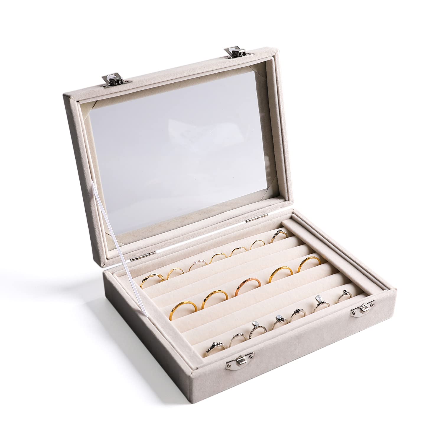Frebeauty Jewelry Organizer Tray with Clear Lid - 7 Slots Velvet Drawer Insert for Rings & Earrings - Jewelry Storage Box & Display Case - Perfect for Women's Jewelry Organization & Gift Giving (Beige) - Ideal for Bedroom Vanity, Travel, and Jewelry Store Displays