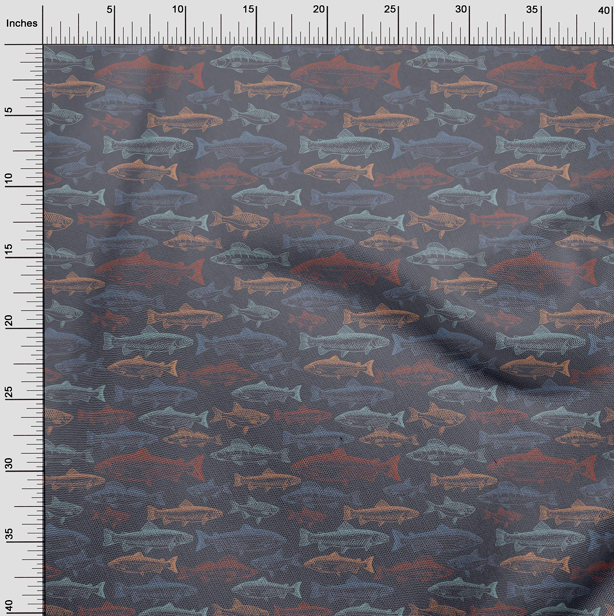 oneOone Georgette Viscose Gray Fabric Fish Ocean Print - 42 Inch Wide Sewing Material by The Yard for DIY Clothing, Dresses, Scarves & Home Decor Projects