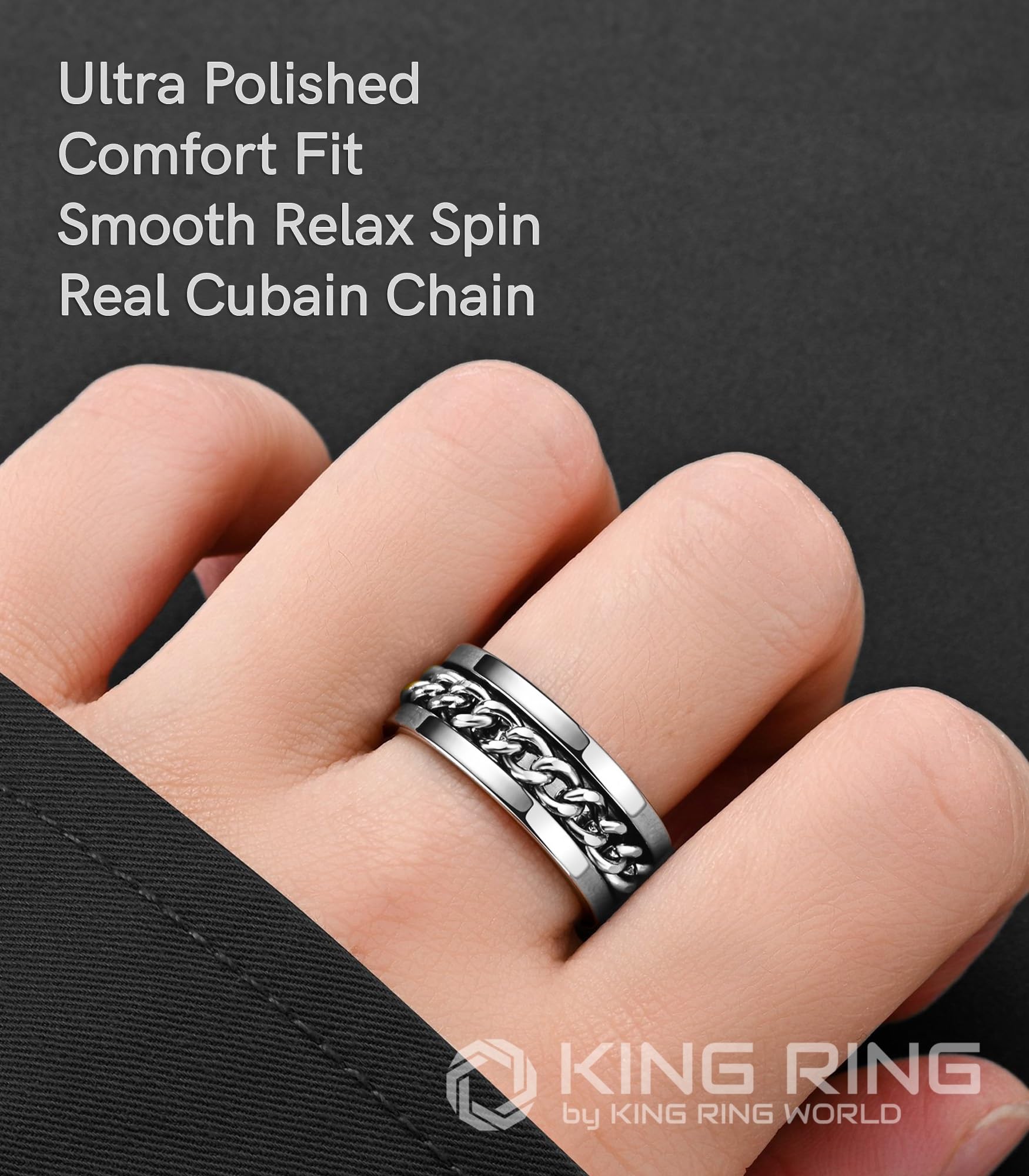 8mm Spinner Ring for Men & Women - Polished Stainless Steel Fidget Ring with Cuban Chain - Stress Relief & Anxiety Aid - Perfect for Office, Travel & Daily Wear - Designed in USA