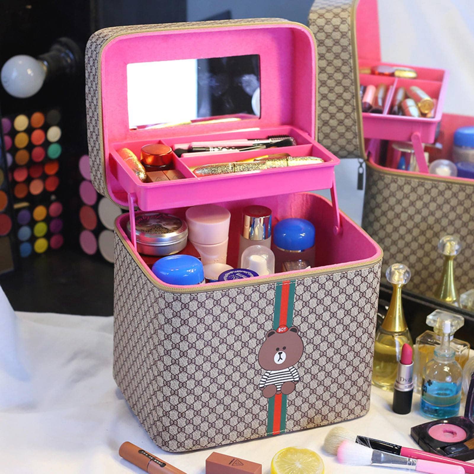 KBREE Double-Layer Cosmetic Bag - Large Capacity Travel Makeup Organizer for Students & Travelers