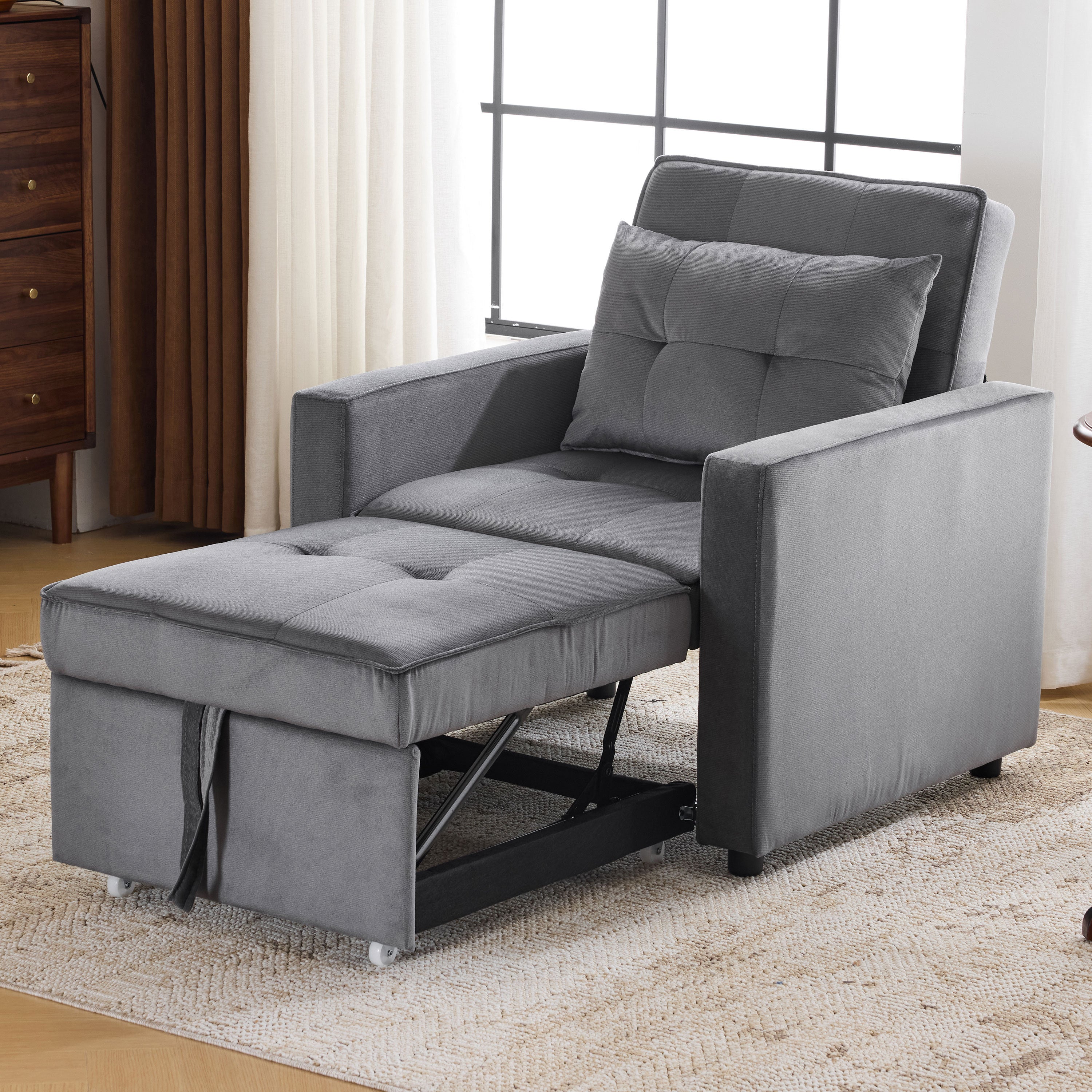 3-in-1 Convertible Sleeper Sofa Bed Chair with Pillow & Pocket - Modern Velvet Fabric Multi-Functional Furniture for Living Room, Bedroom, Study & Small Apartments (Gray) | Perfect for Guest Sleeping, Lounging & Space Saving Solutions