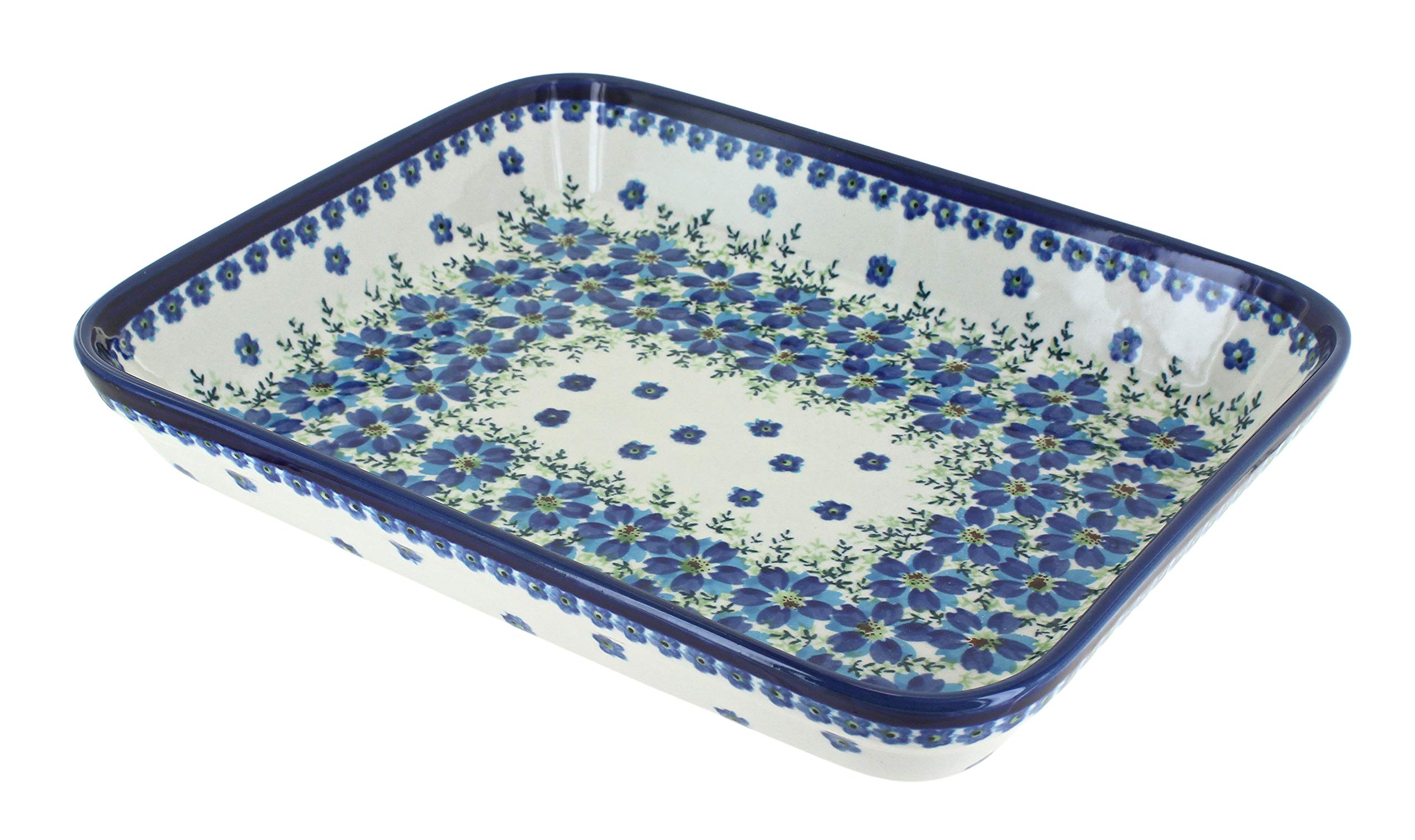 Blue Rose Polish Pottery Kalina Large Rectangular Baker - Handmade Ceramic Baking Dish for Casseroles, Lasagna & Roasts - Perfect for Holiday Dinners & Family Gatherings