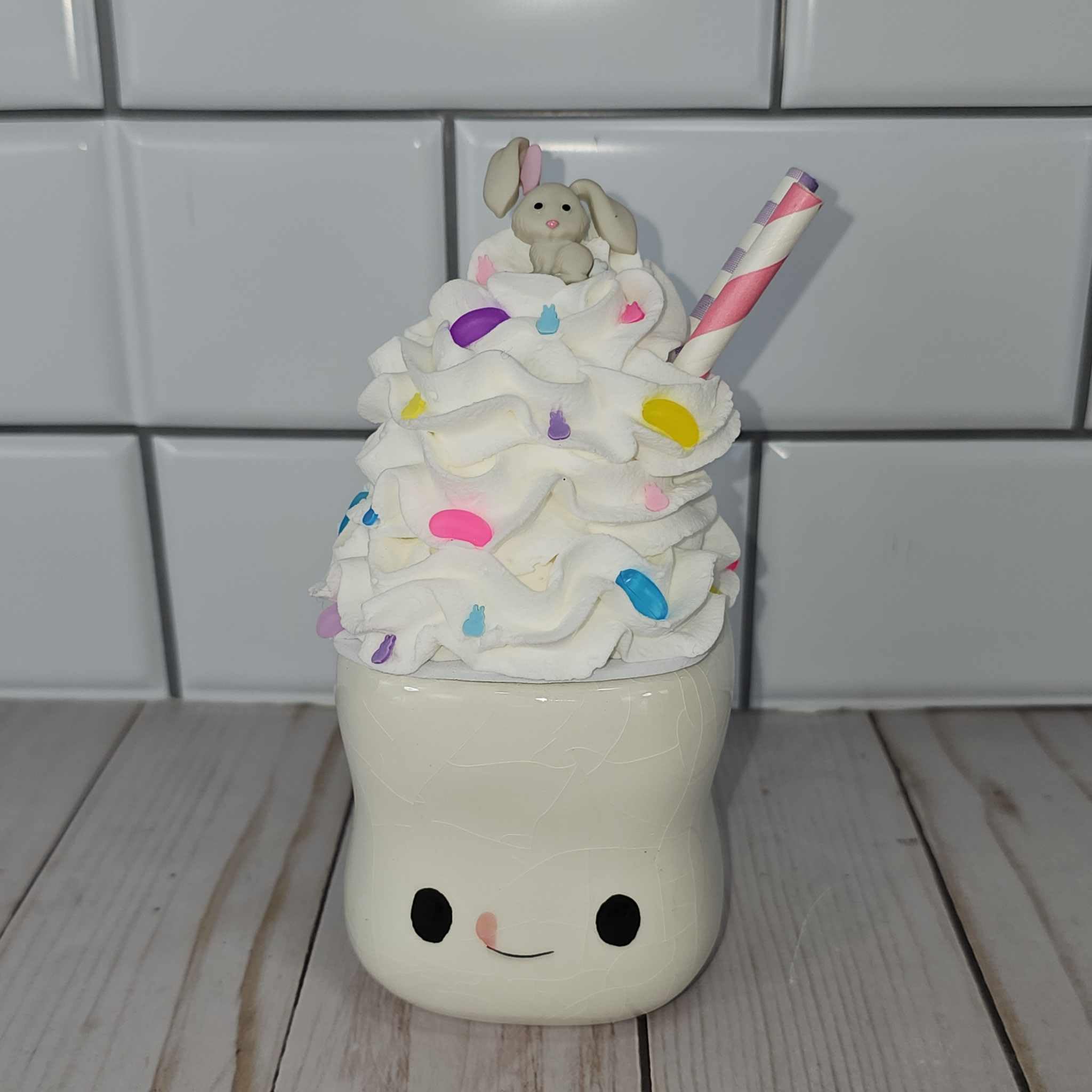 Easter Mini Mug Topper - Marshmallow Mug Decor with Fake Whipped Cream, Jelly Beans & Bunny - Perfect for Easter Tiered Trays, Spring Home Decor, Party Table Centerpieces & Holiday Gift Ideas