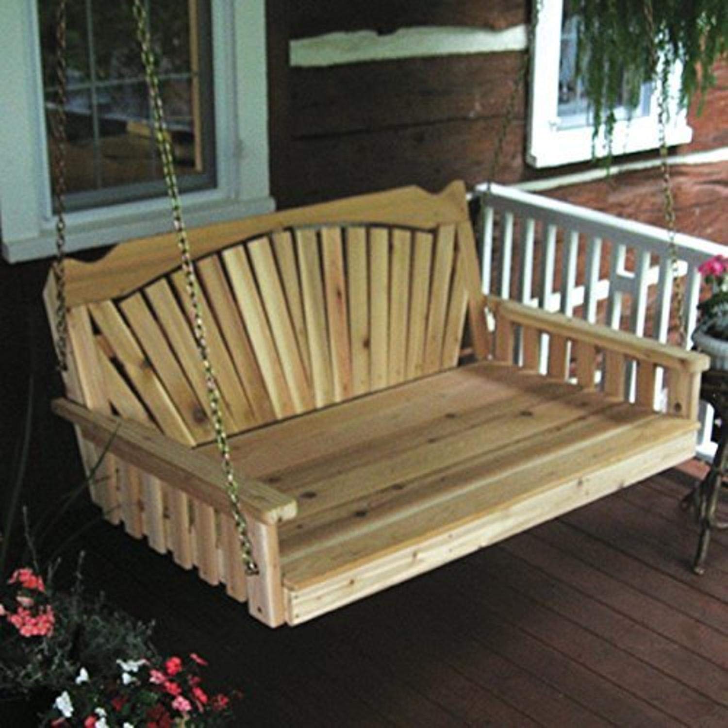 A & L Furniture Walnut Stain Fan Back Swing Bed - Outdoor Patio Lounger for Relaxing in Garden, Backyard or Poolside