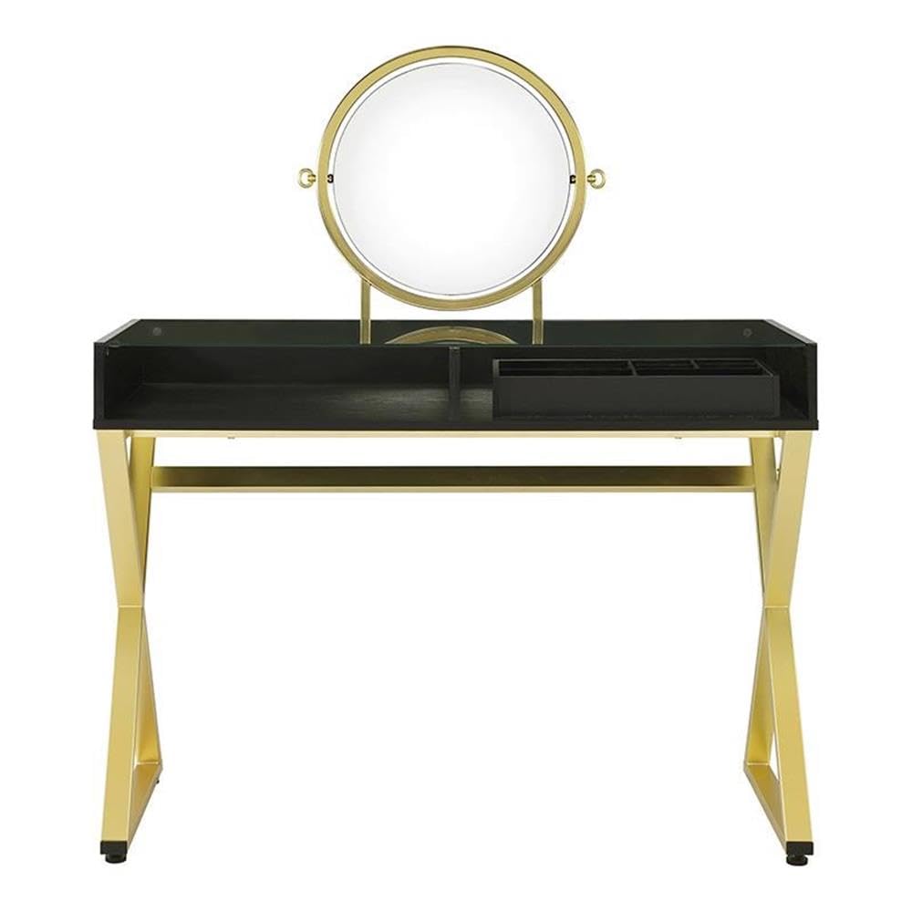 Acme Coleen Black & Gold Glass Top Vanity Desk with Jewelry Tray - Perfect for Makeup, Dressing Table & Jewelry Organization in Bedroom