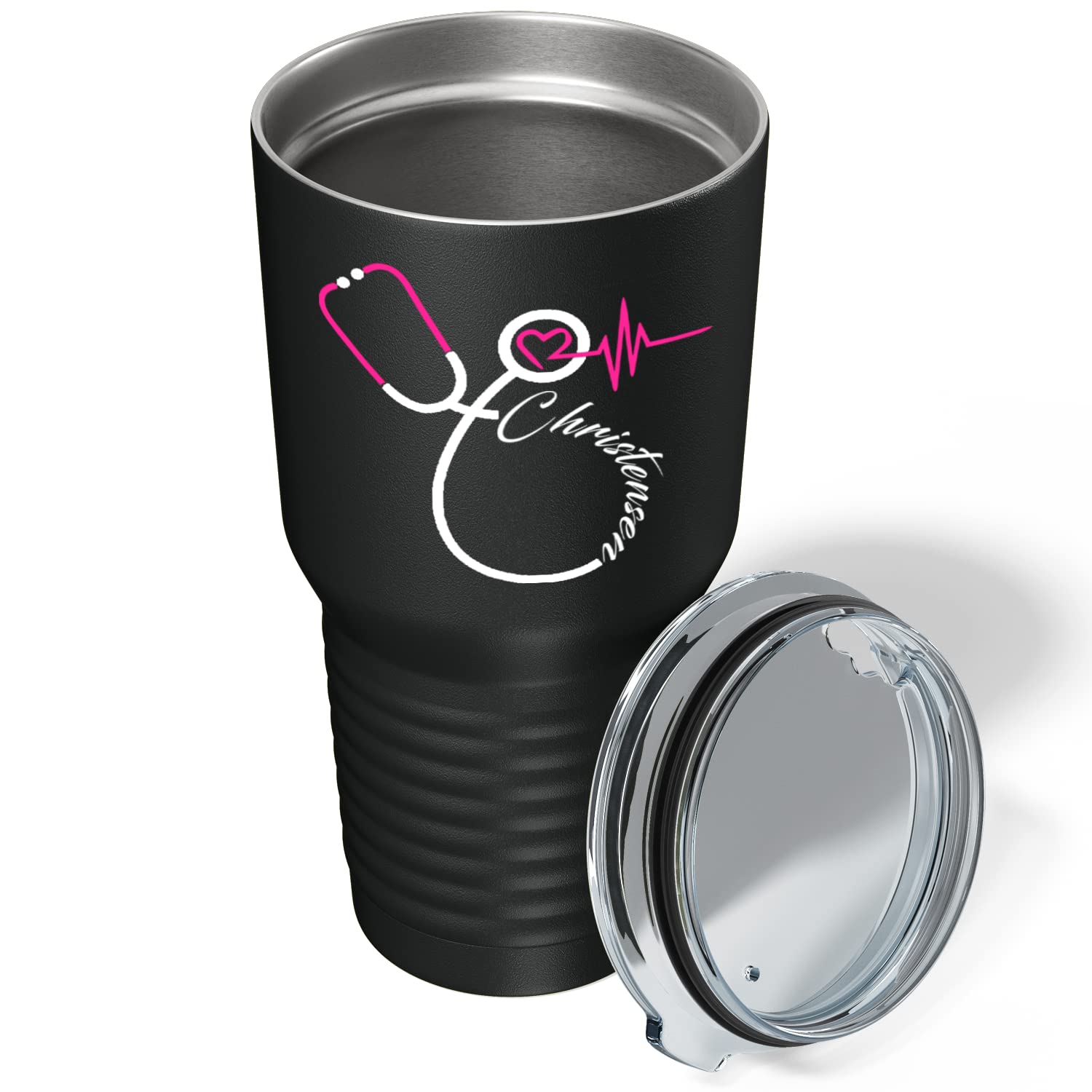 Personalized Nurse Pink & White Stethoscope Design 30 oz Stainless Steel Tumbler with Lid - Insulated Travel Mug for Coffee & Tea - Perfect Gift for Nurses, Medical Students & Healthcare Workers - Great for Hospitals, Clinics & Daily Commute
