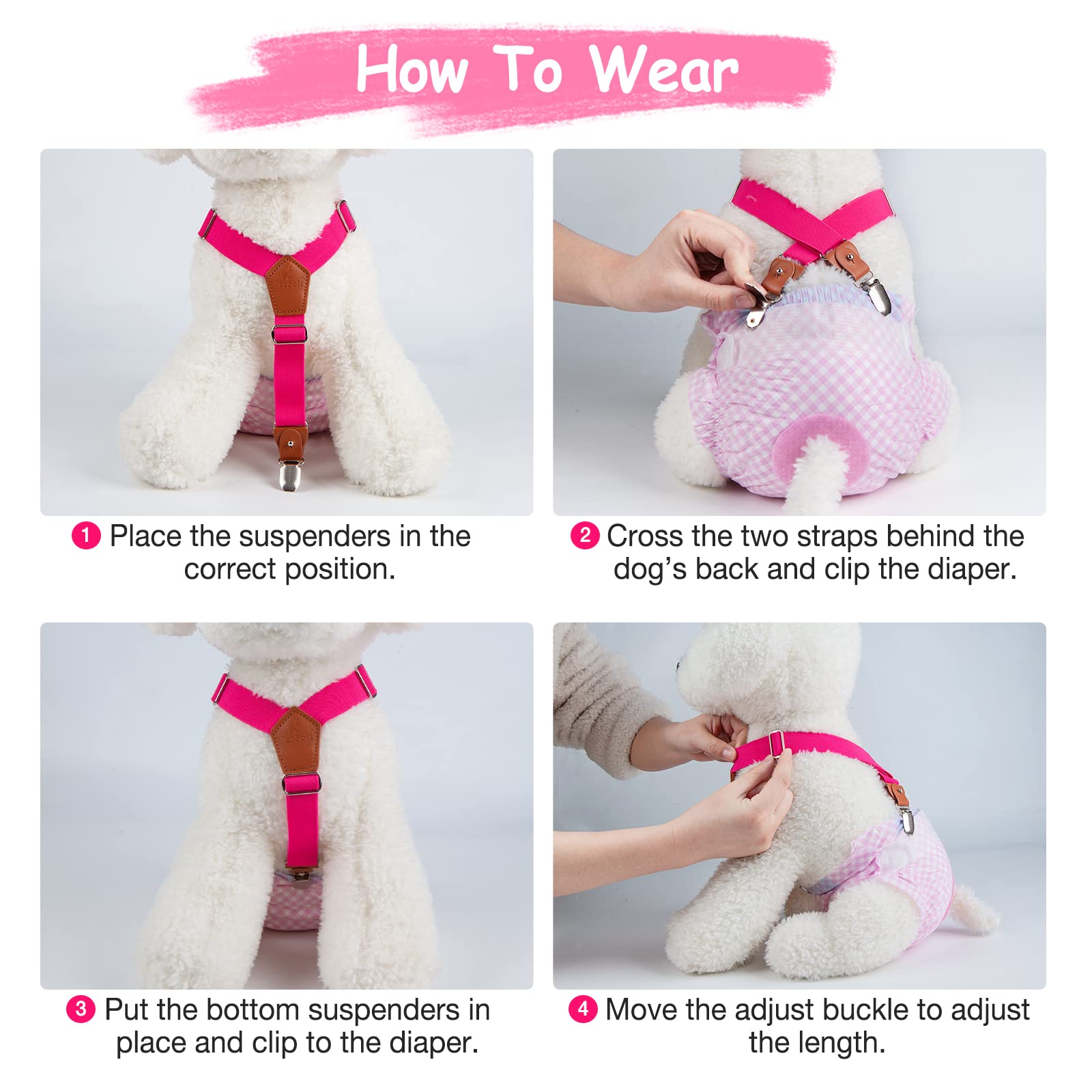 Pet Soft Dog Suspenders 2-Pack - Adjustable Diaper Suspenders for Small/Medium Female Dogs - Secure Dog Diapers, Skirts & Dresses (Black & Pink) - Perfect for Playtime, Walks & Special Occasions